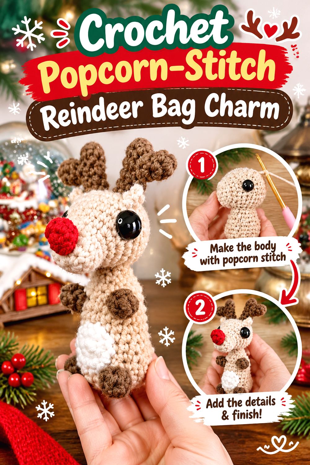 Crochet Popcorn Stitch Reindeer Bag Charm