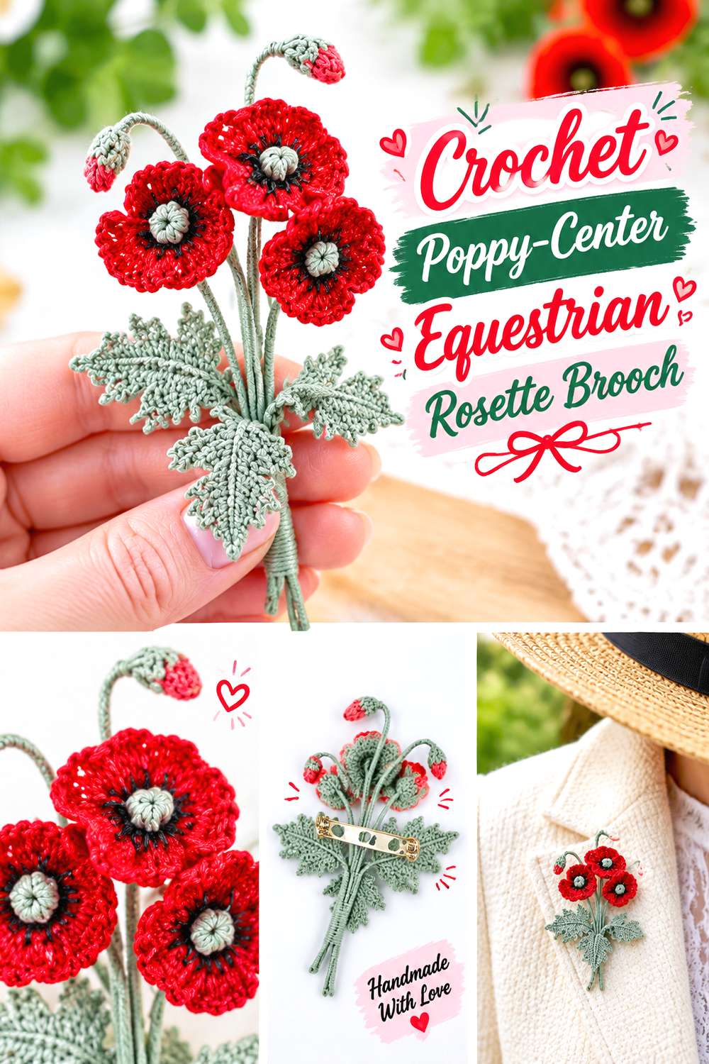 Crochet Poppy Center Equestrian Rosette Brooch