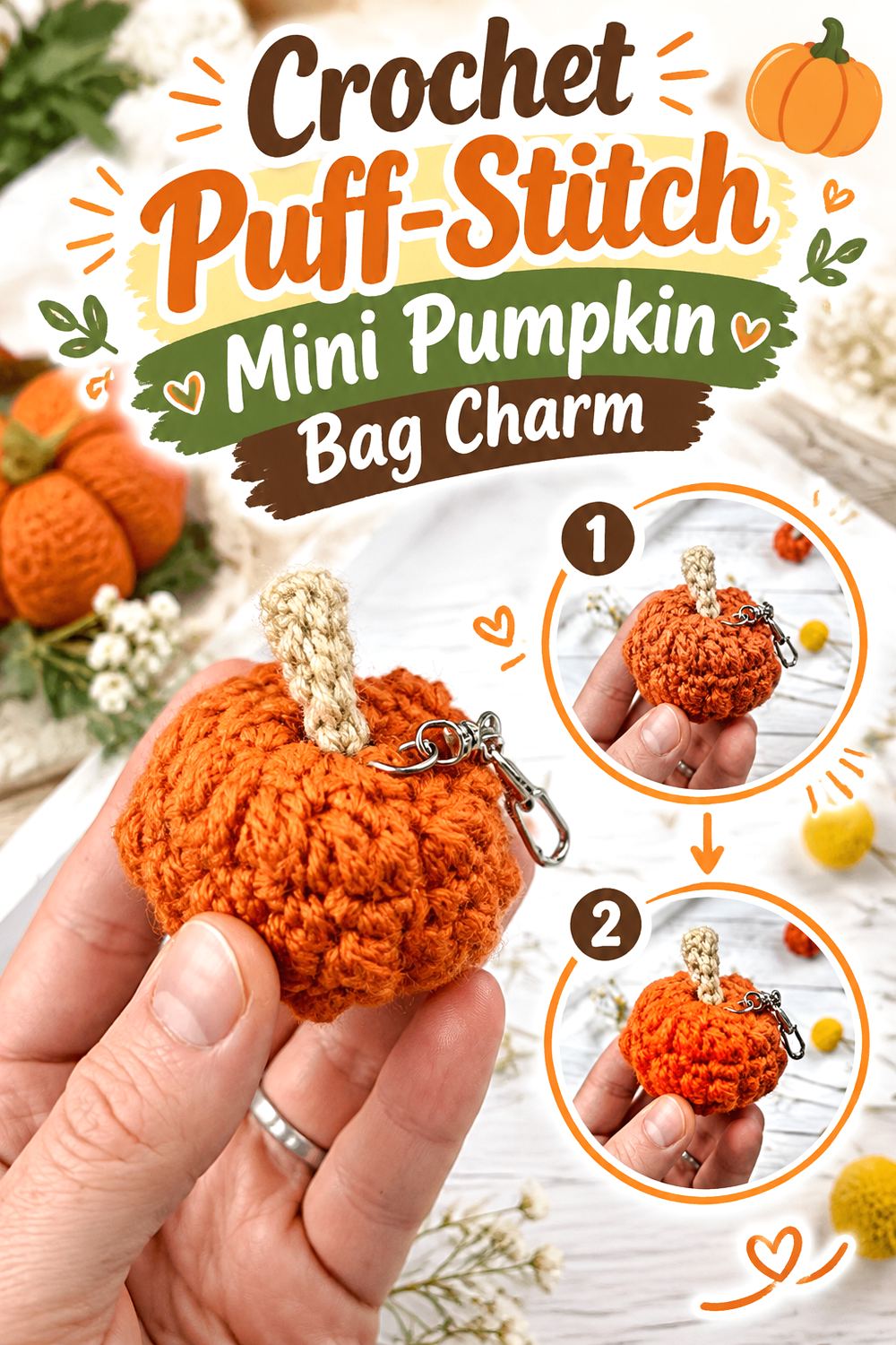 Crochet Puff Stitch Mini Pumpkin Bag Charm