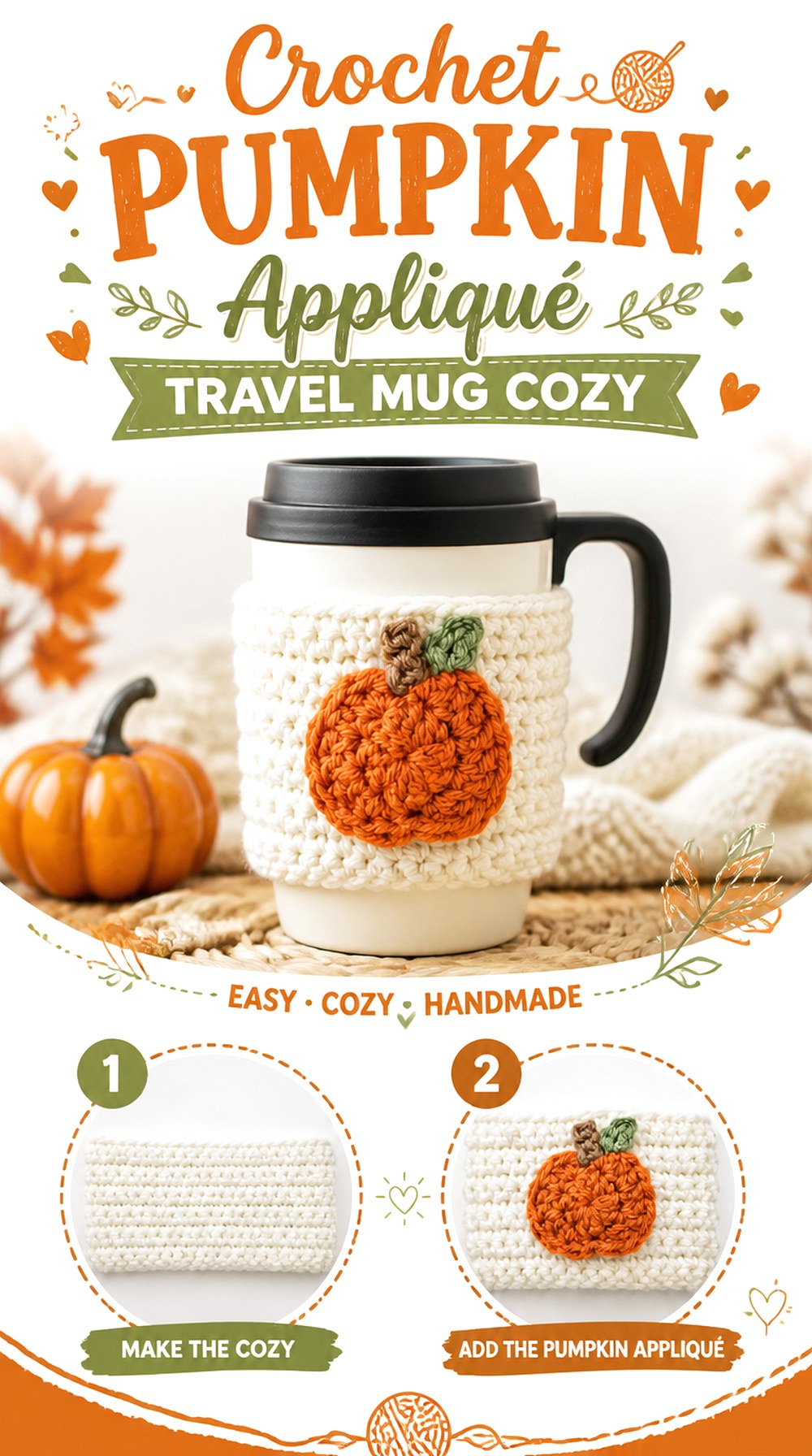 Crochet Pumpkin Appliqué Travel Mug Cozy