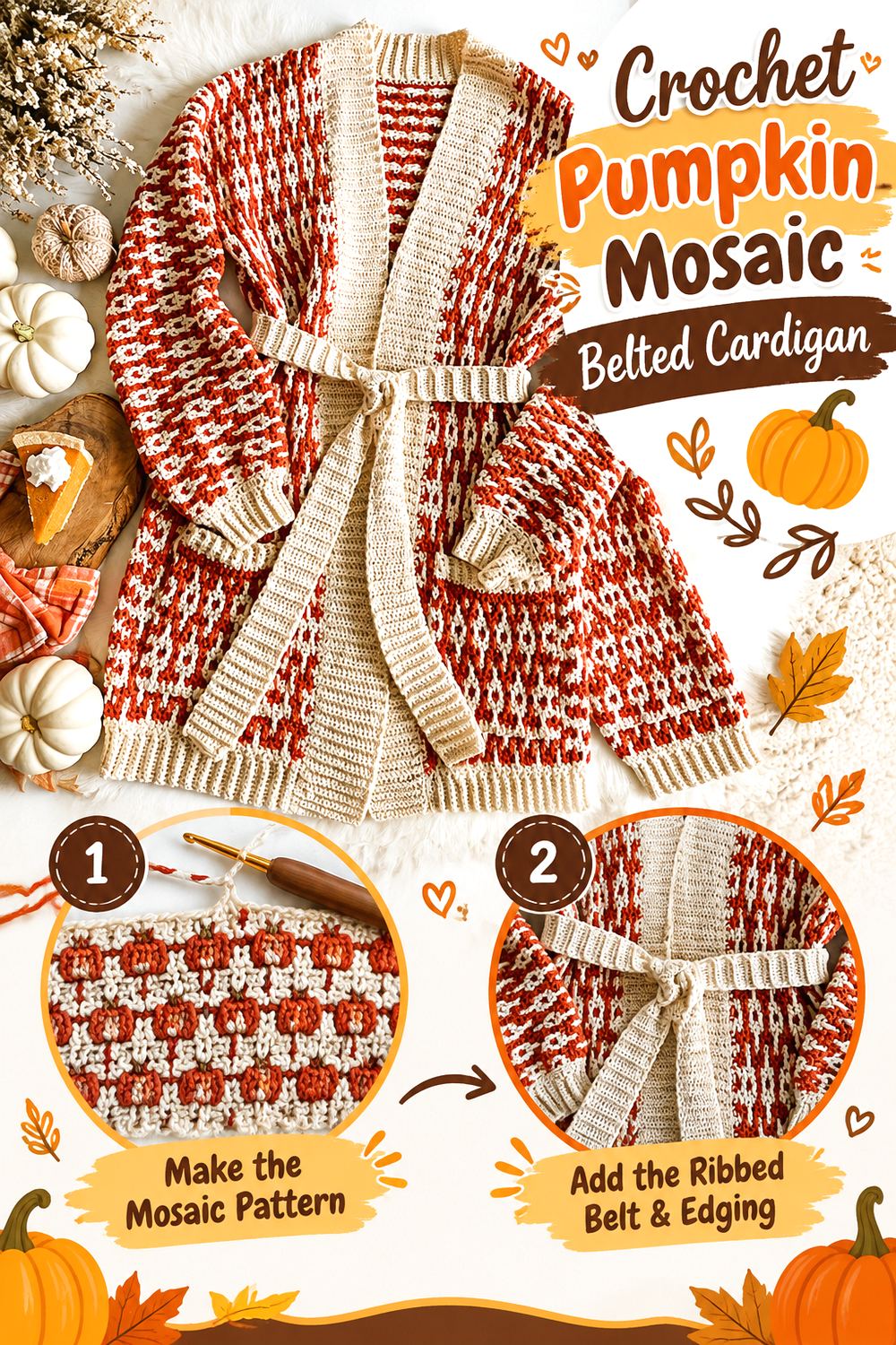 Crochet Pumpkin Mosaic Belted Cardigan