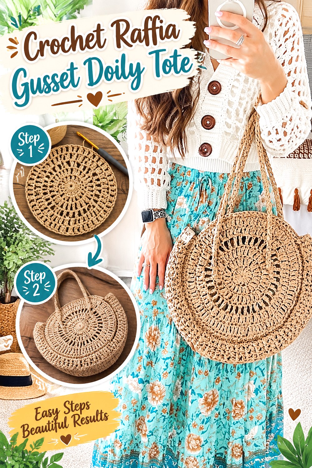 Crochet Raffia Gusset Doily Tote