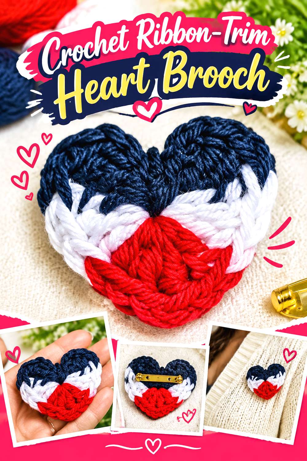 Crochet Ribbon Trim Heart Brooch