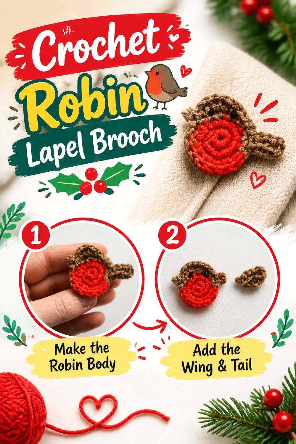 Crochet Robin Lapel Brooch