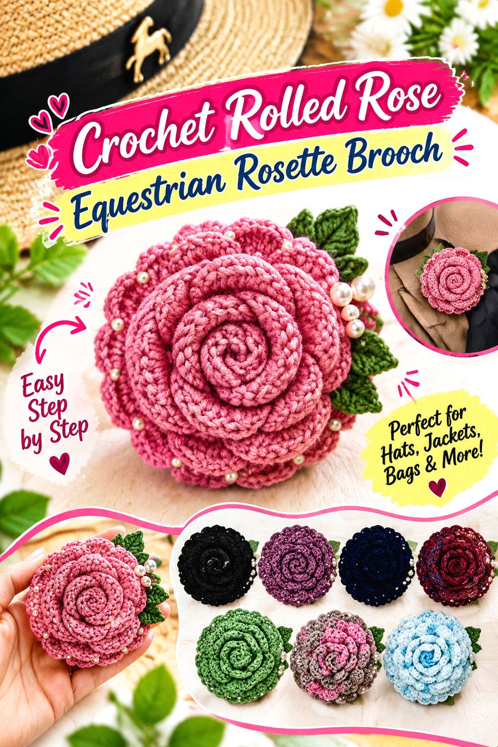 Crochet Rolled Rose Equestrian Rosette Brooch