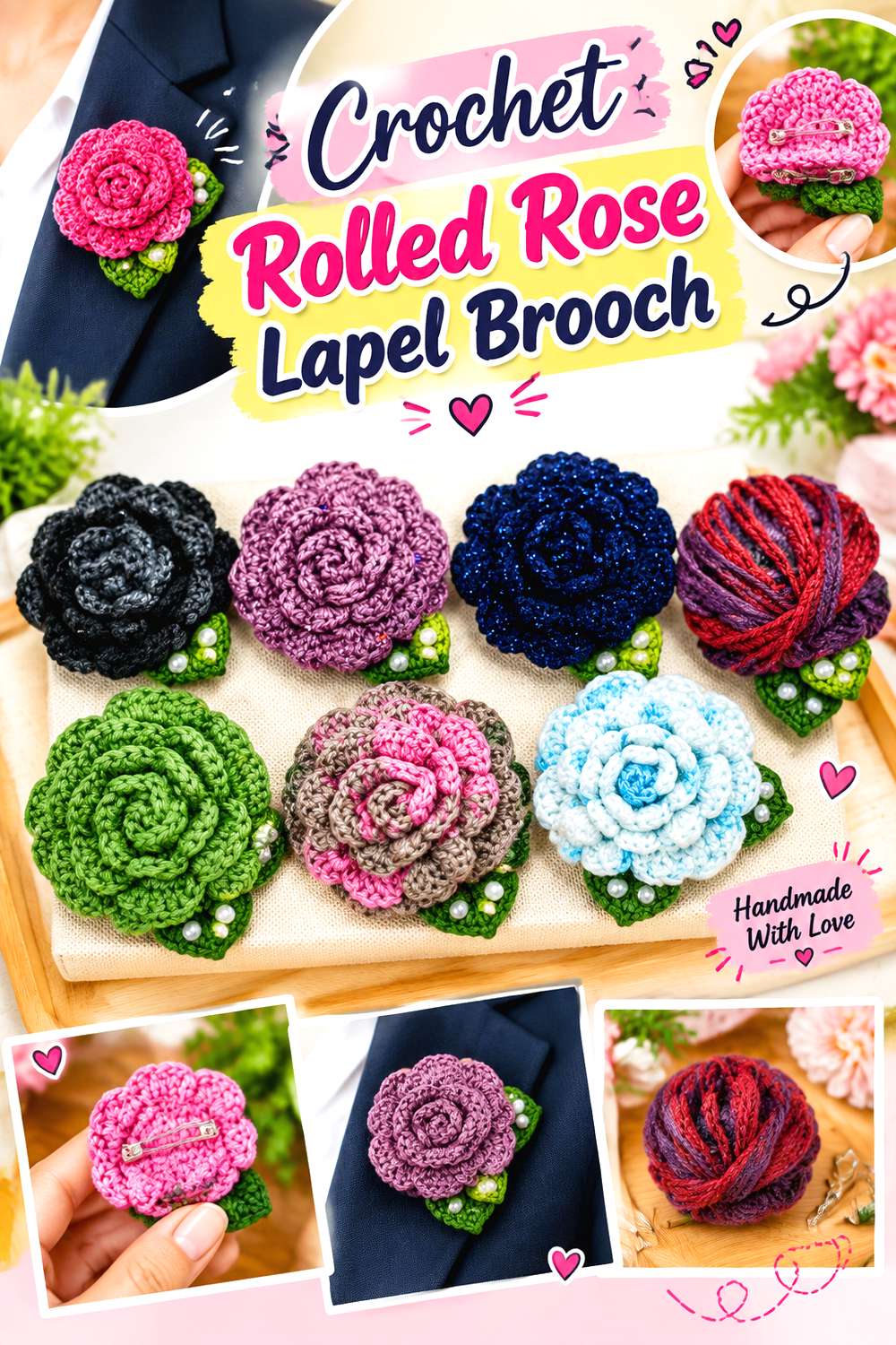 Crochet Rolled Rose Lapel Brooch