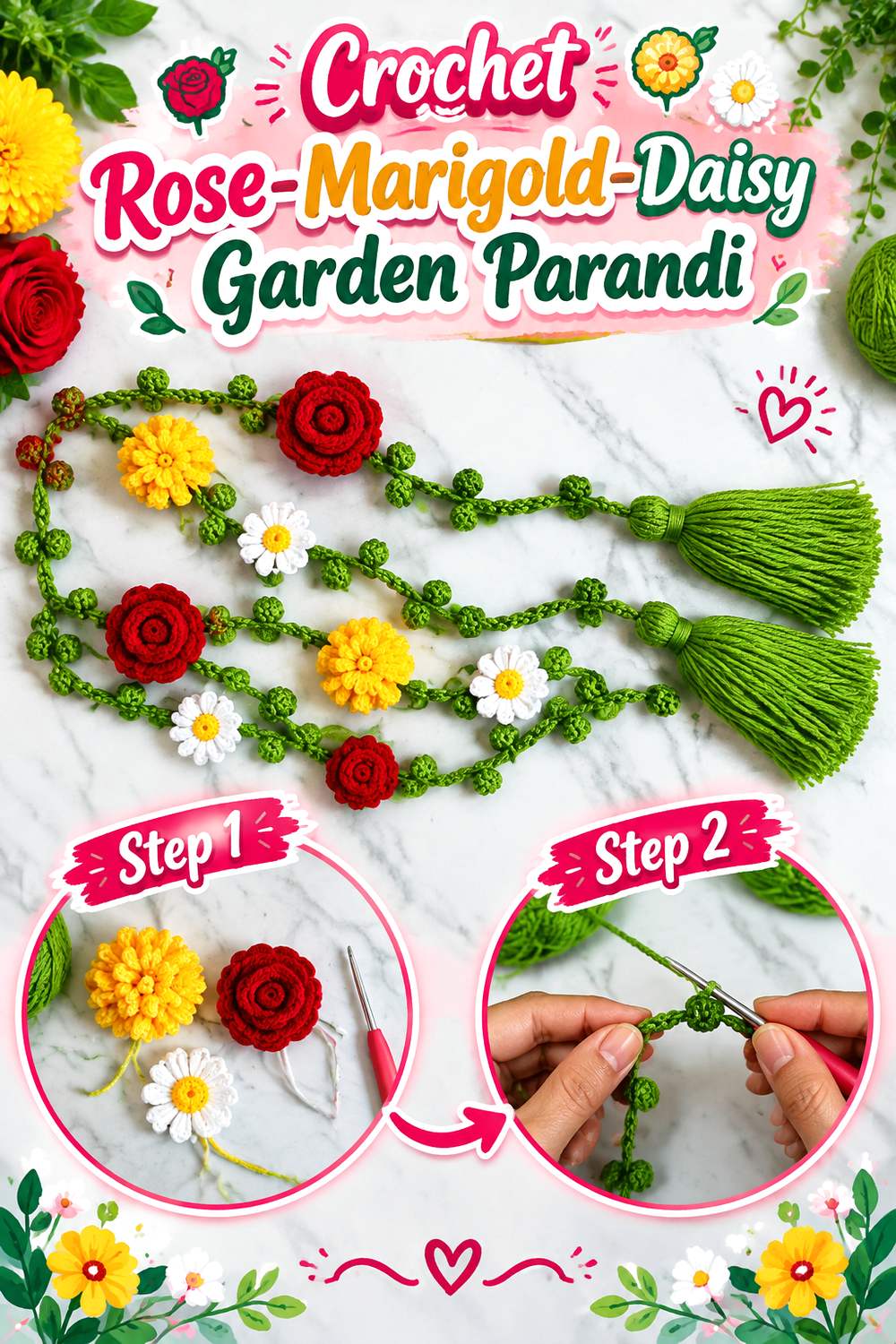 Crochet Rose Marigold Daisy Garden Parandi
