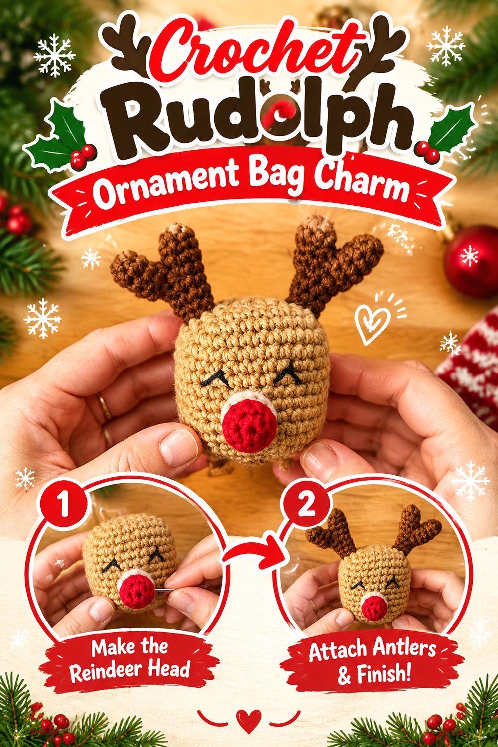 Crochet Round Reindeer Ornament Bag Charm