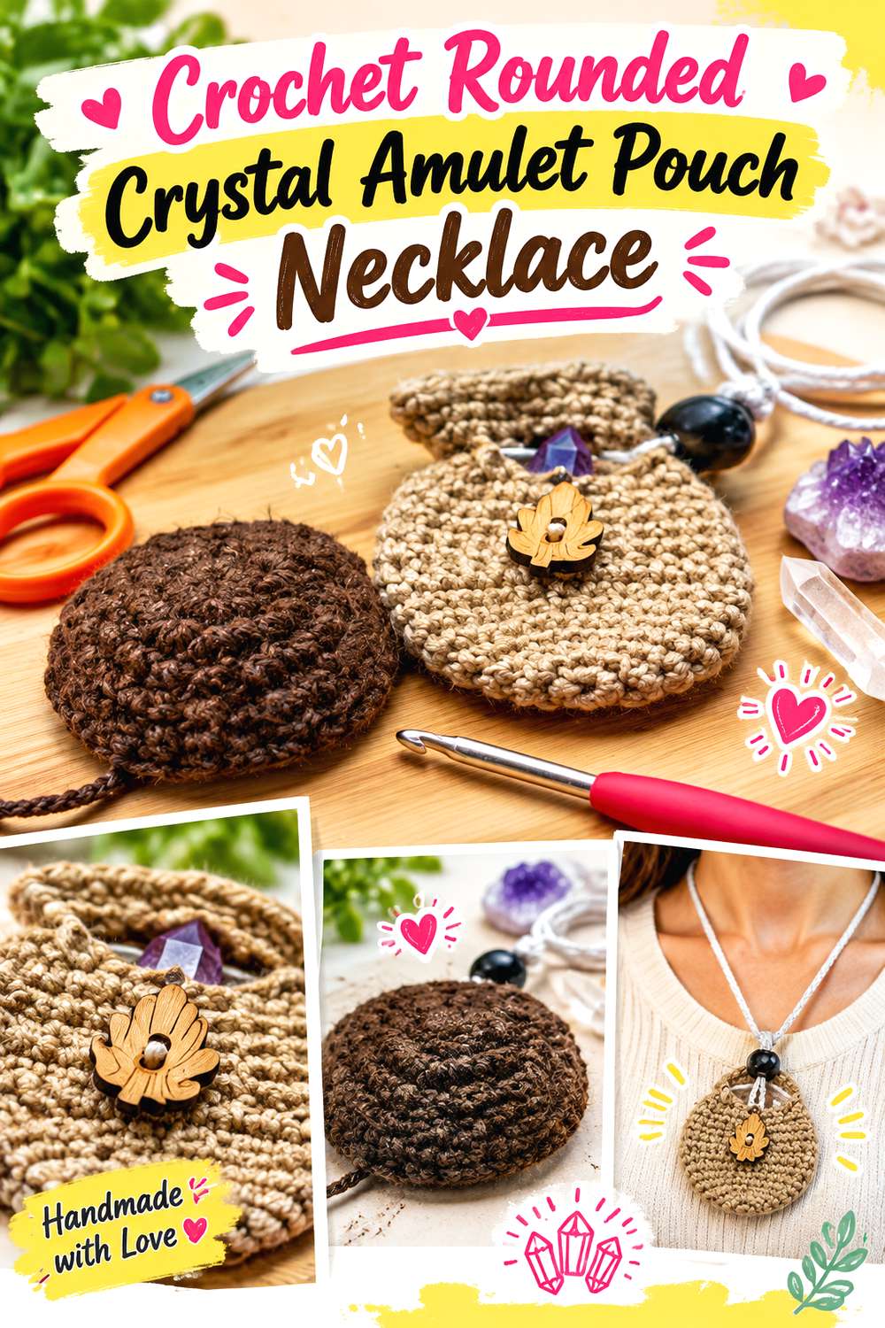 Crochet Rounded Crystal Amulet Pouch Necklace