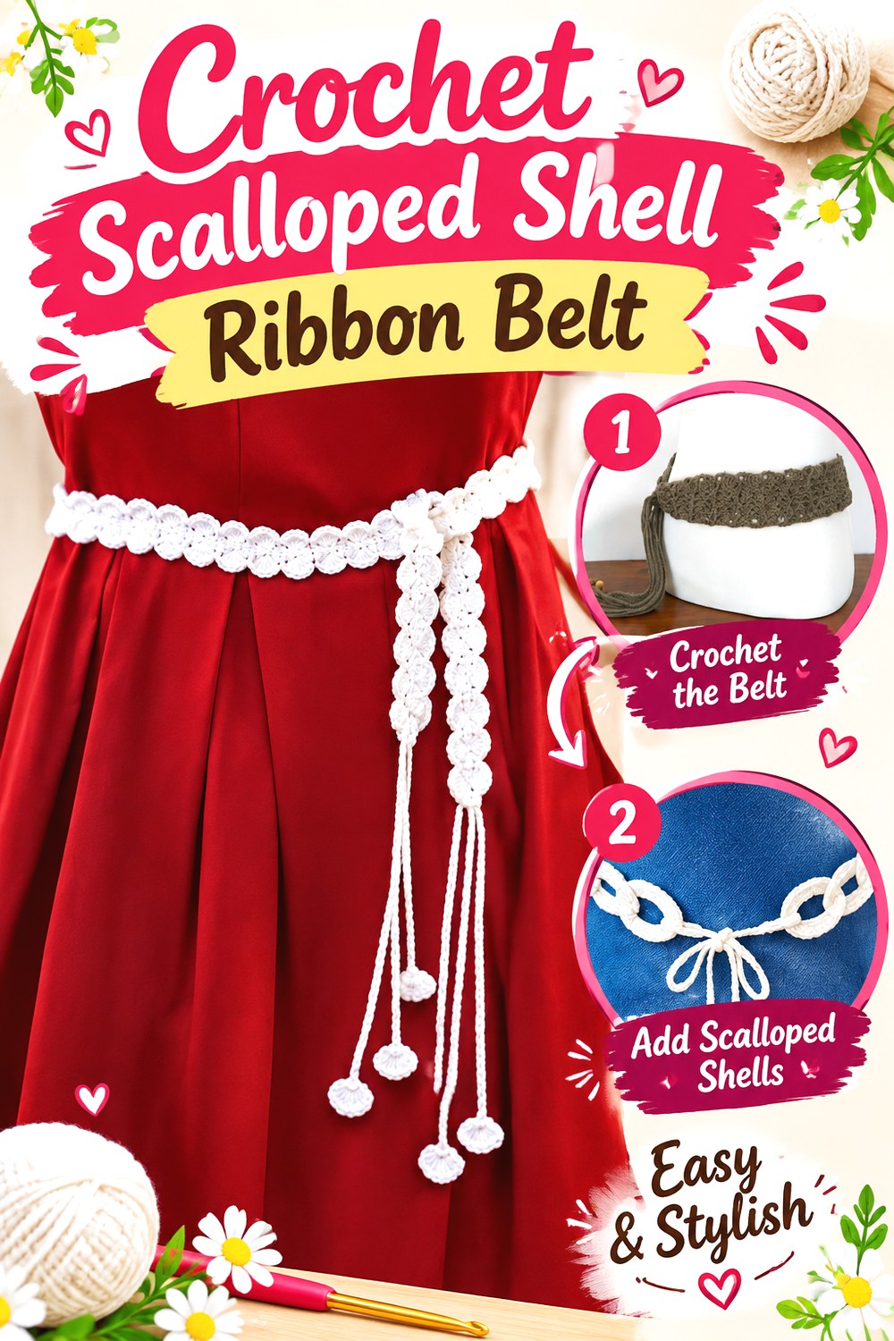 Crochet Scalloped Shell Ribbon Belt