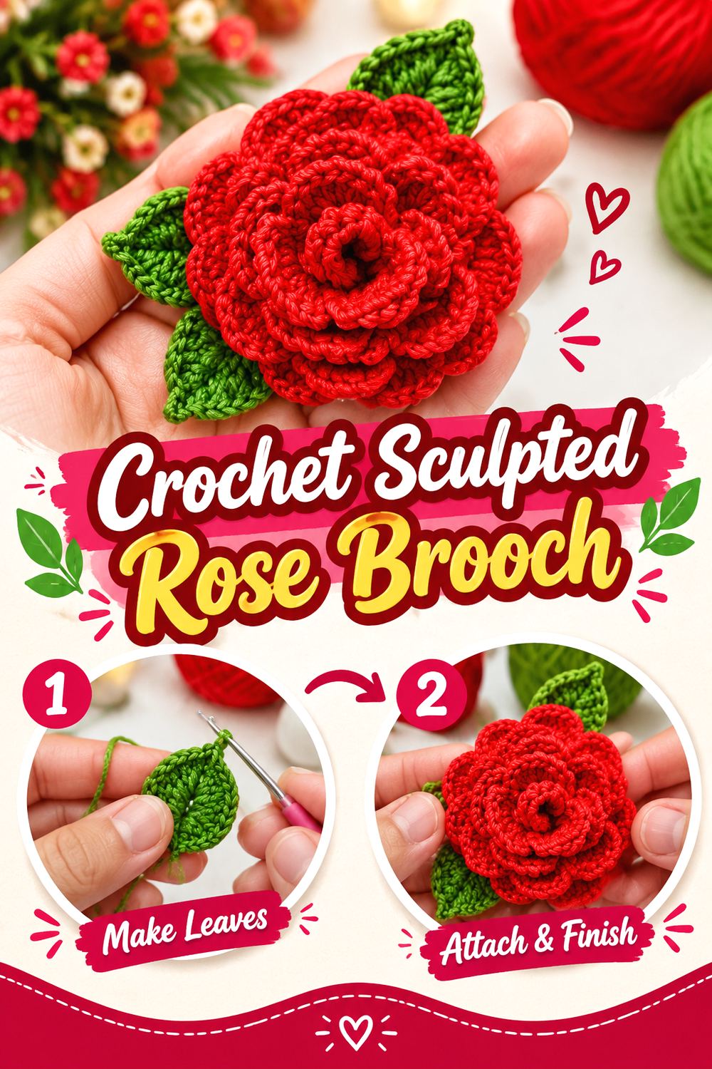 Crochet Sculpted Rose Brooch