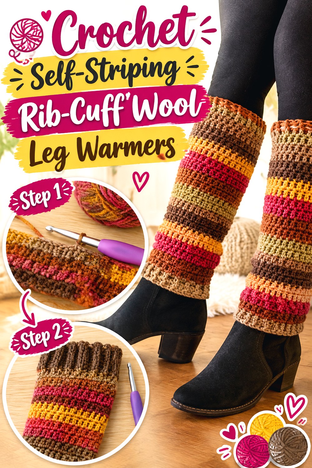 Crochet Self Striping Rib Cuff Wool Leg Warmers