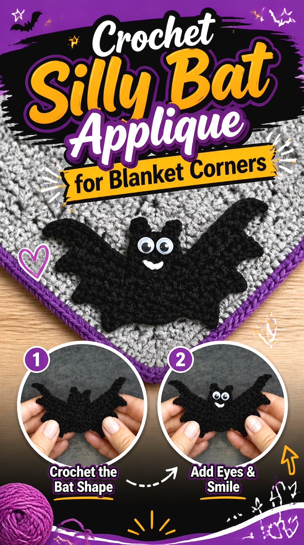 Crochet Silly Bat Applique for Blanket Corners