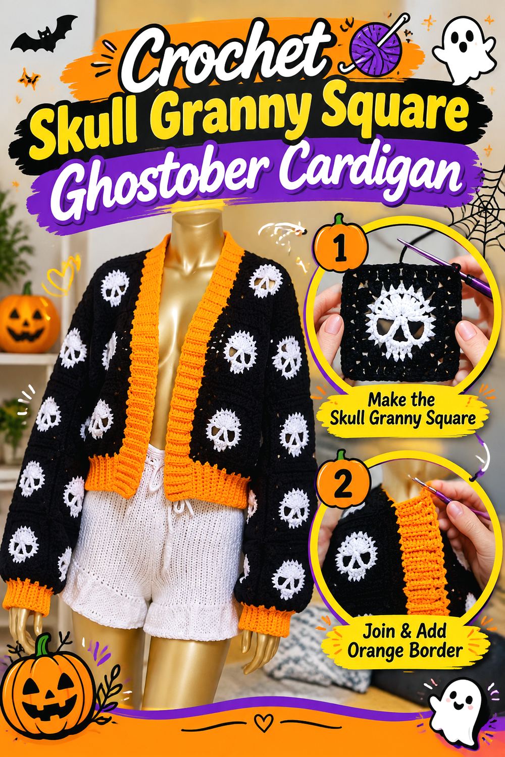 Crochet Skull Granny Square Ghostober Cardigan