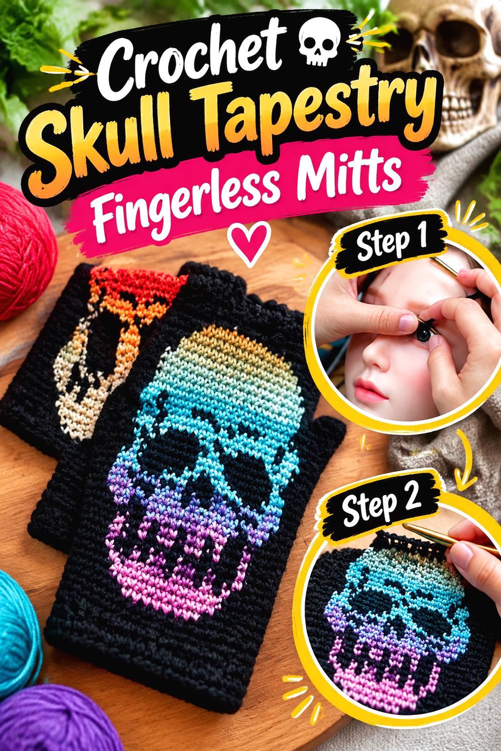 Crochet Skull Tapestry Fingerless Mitts