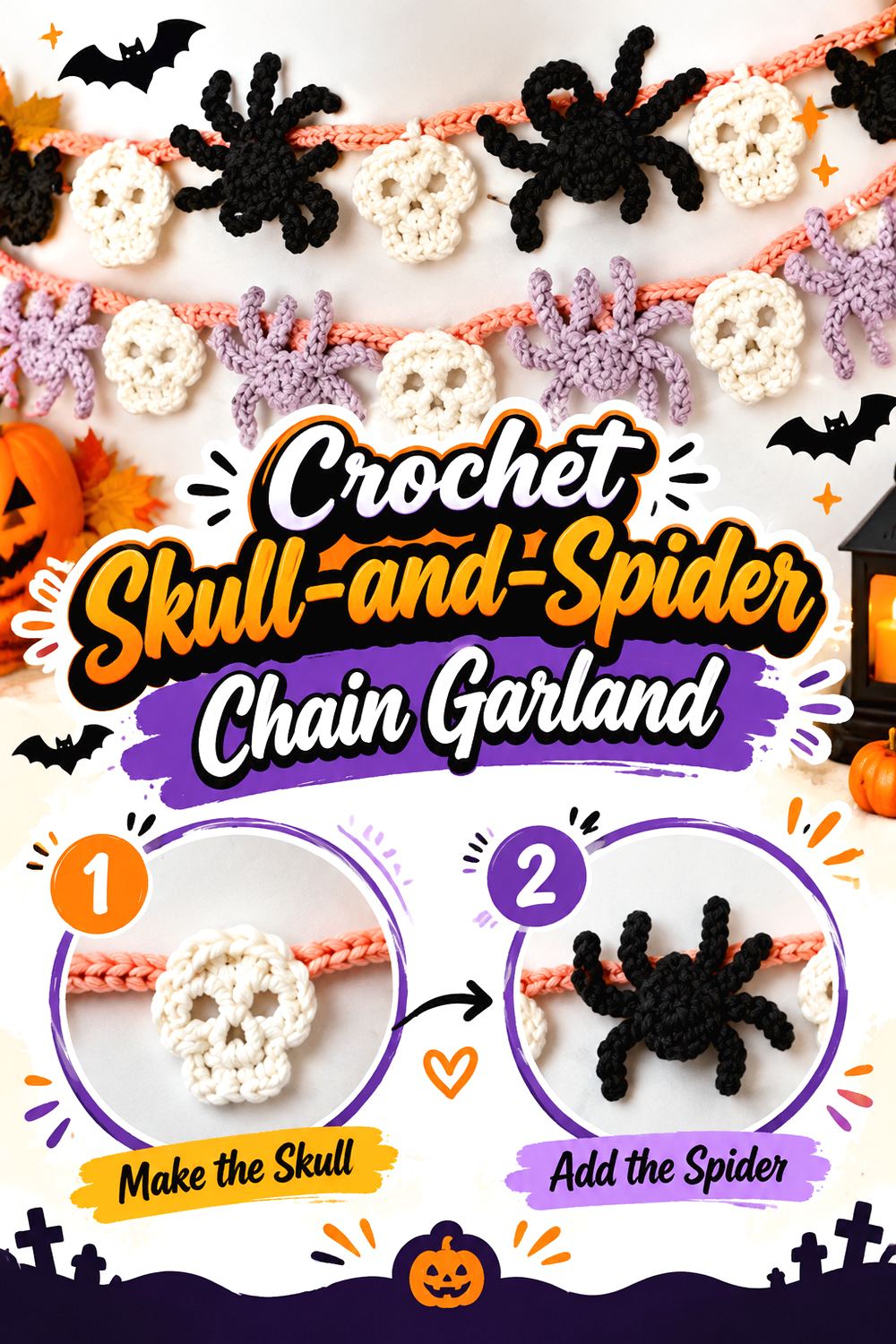 Crochet Skull and Spider Chain Garland