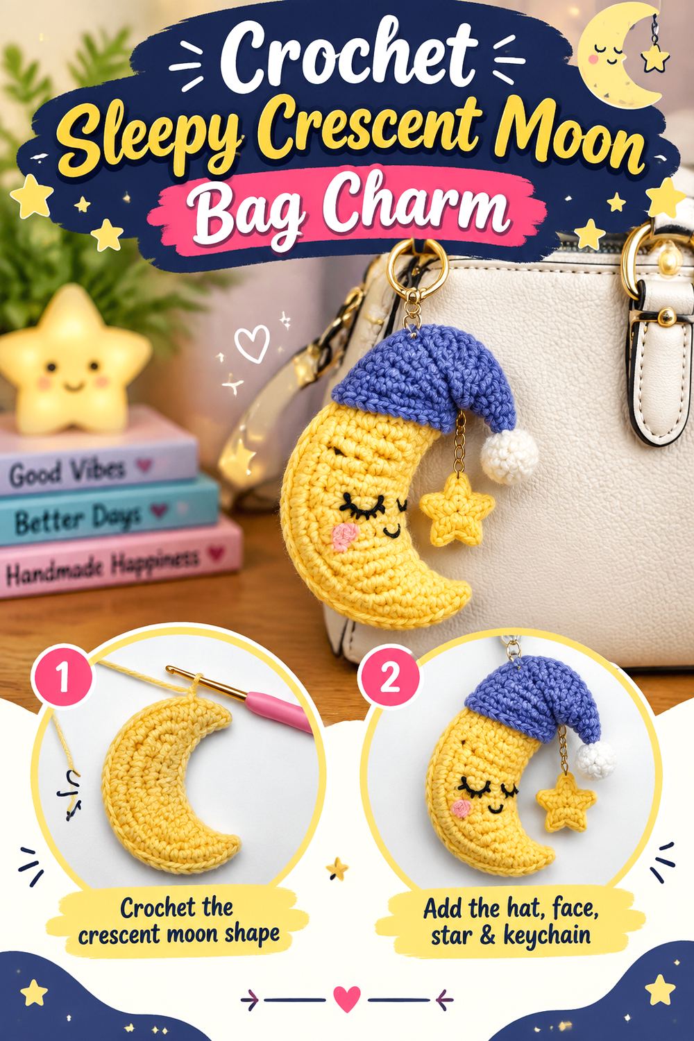 Crochet Sleepy Crescent Moon Bag Charm