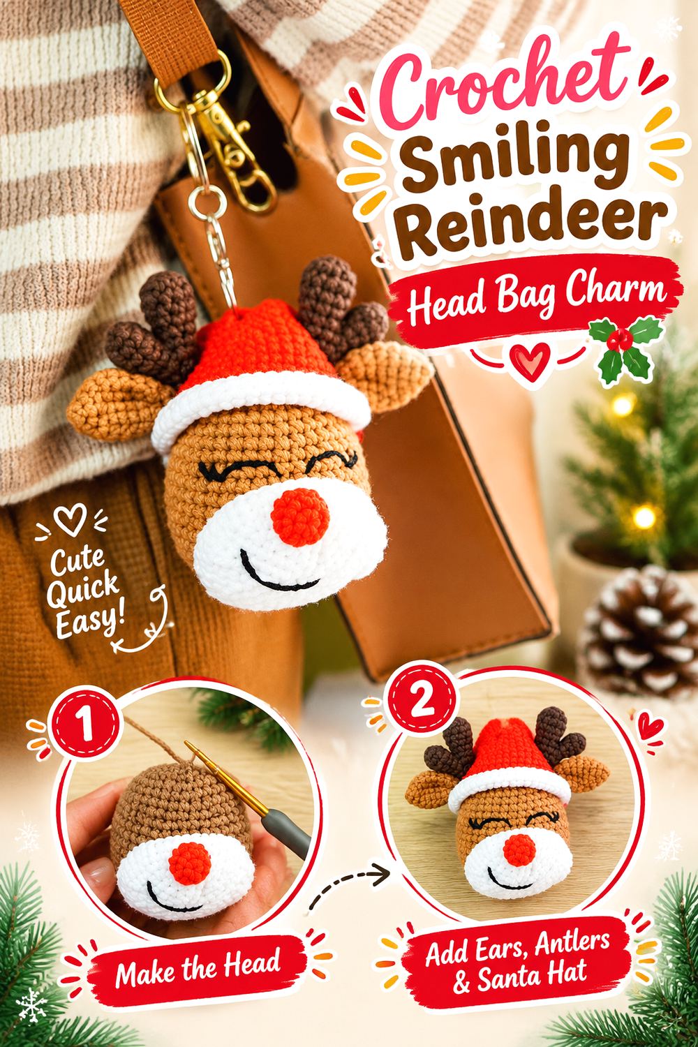 Crochet Smiling Reindeer Head Bag Charm