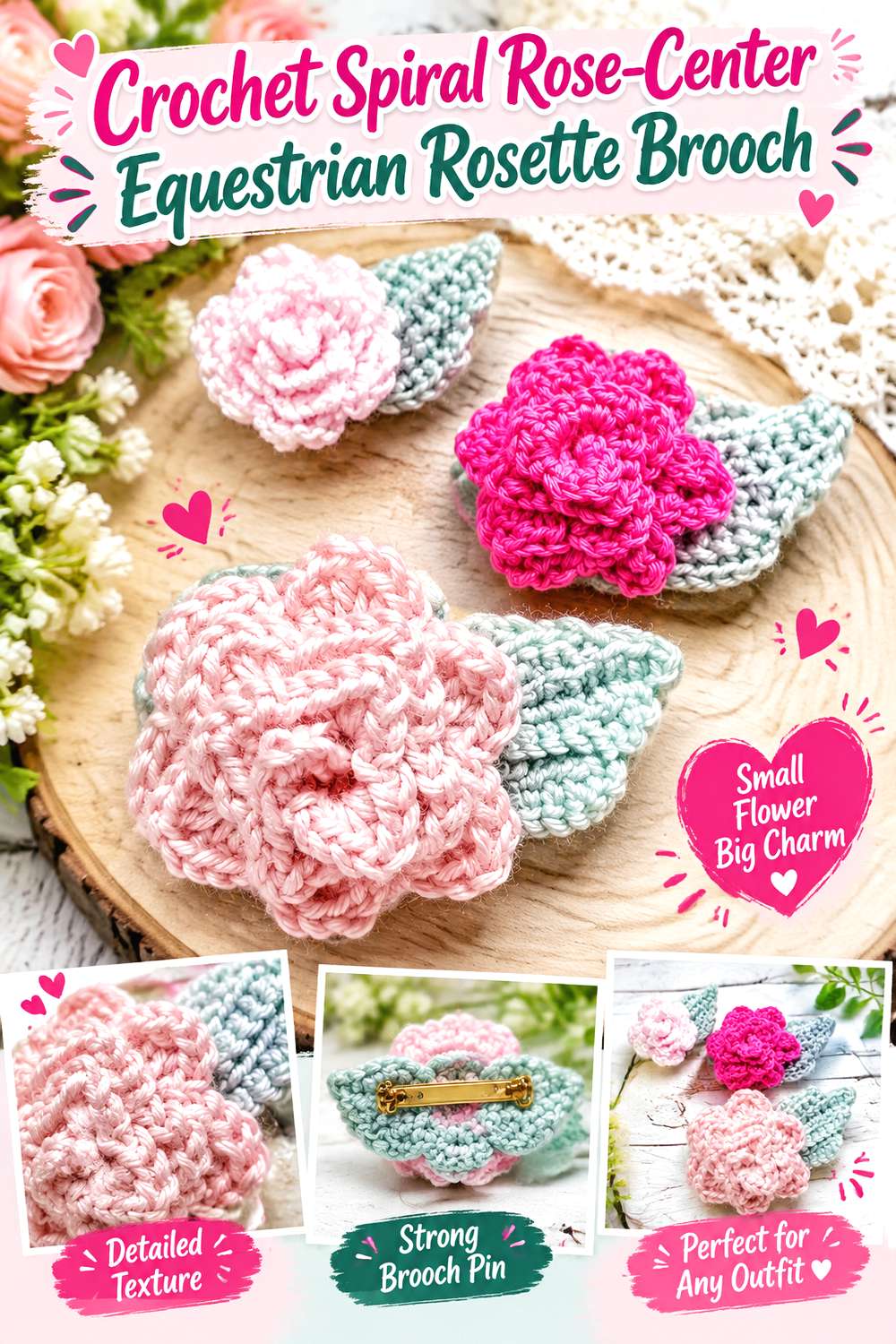 Crochet Spiral Rose Center Equestrian Rosette Brooch