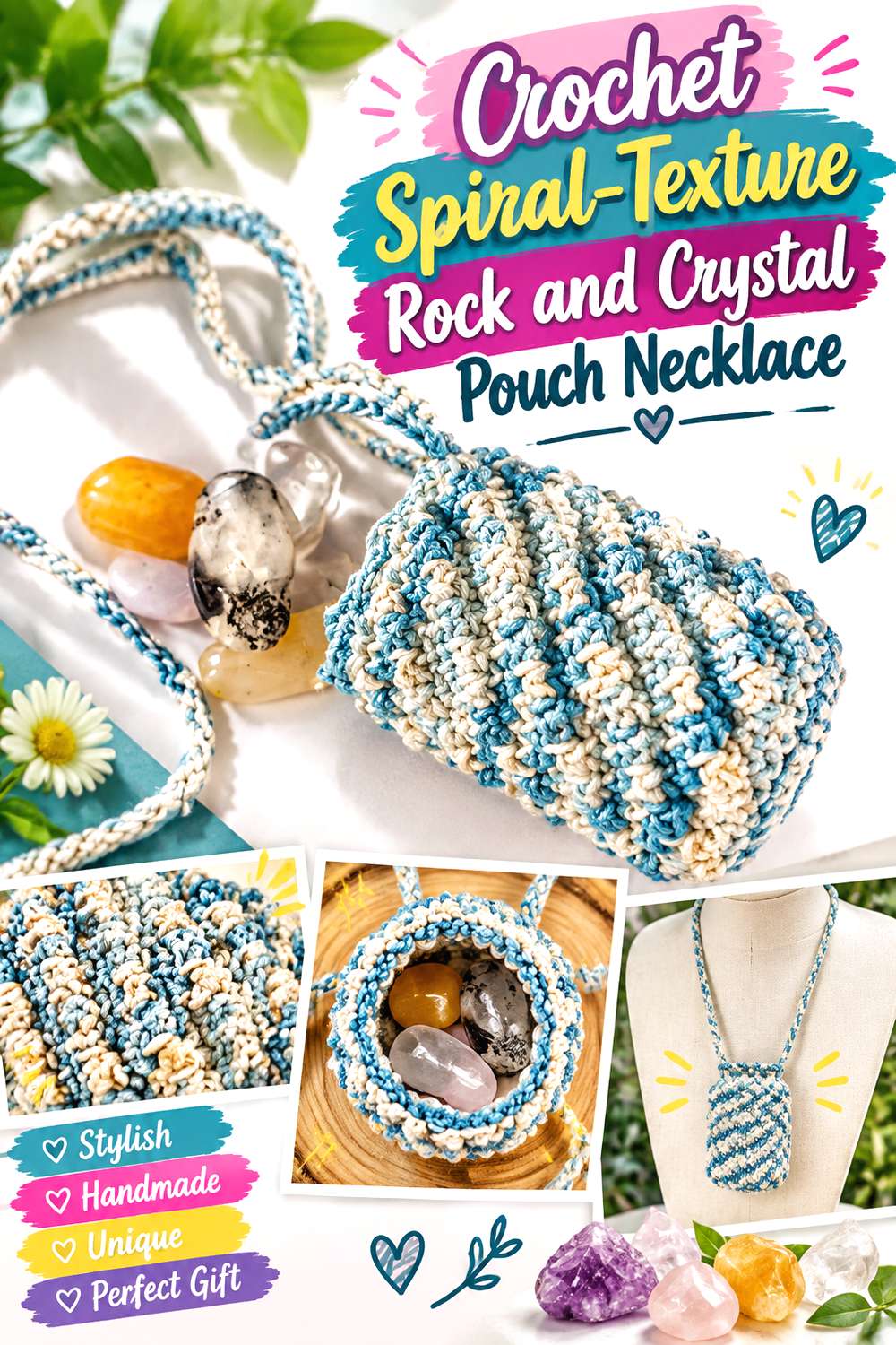 Crochet Spiral Texture Rock and Crystal Pouch Necklace