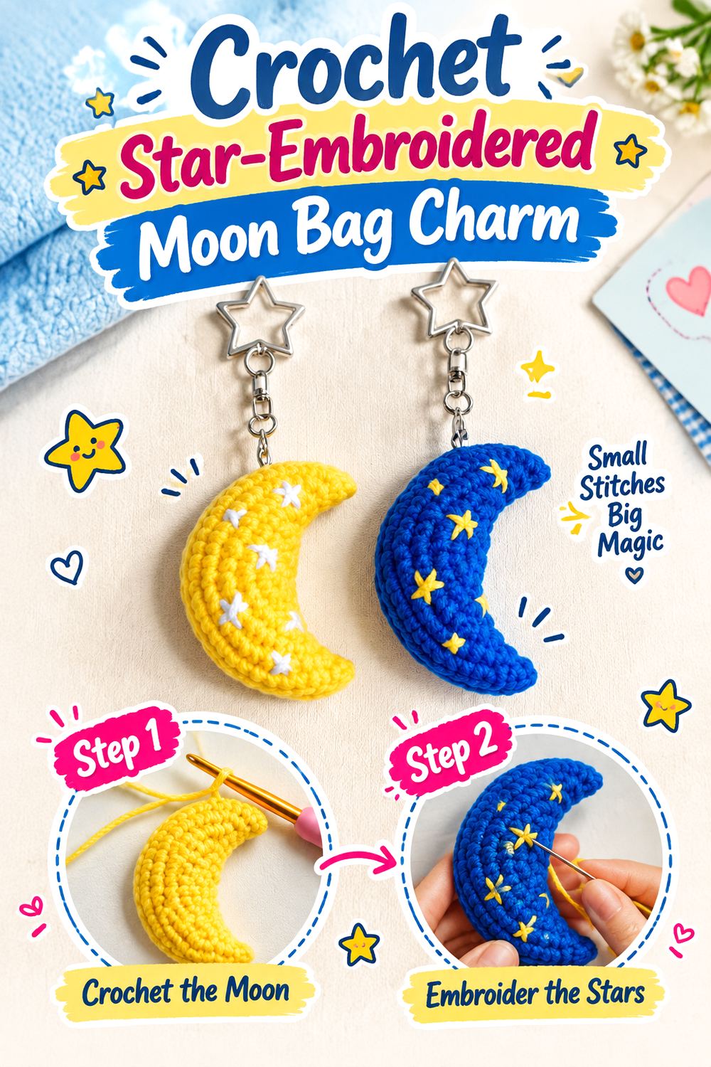 Crochet Star Embroidered Moon Bag Charm
