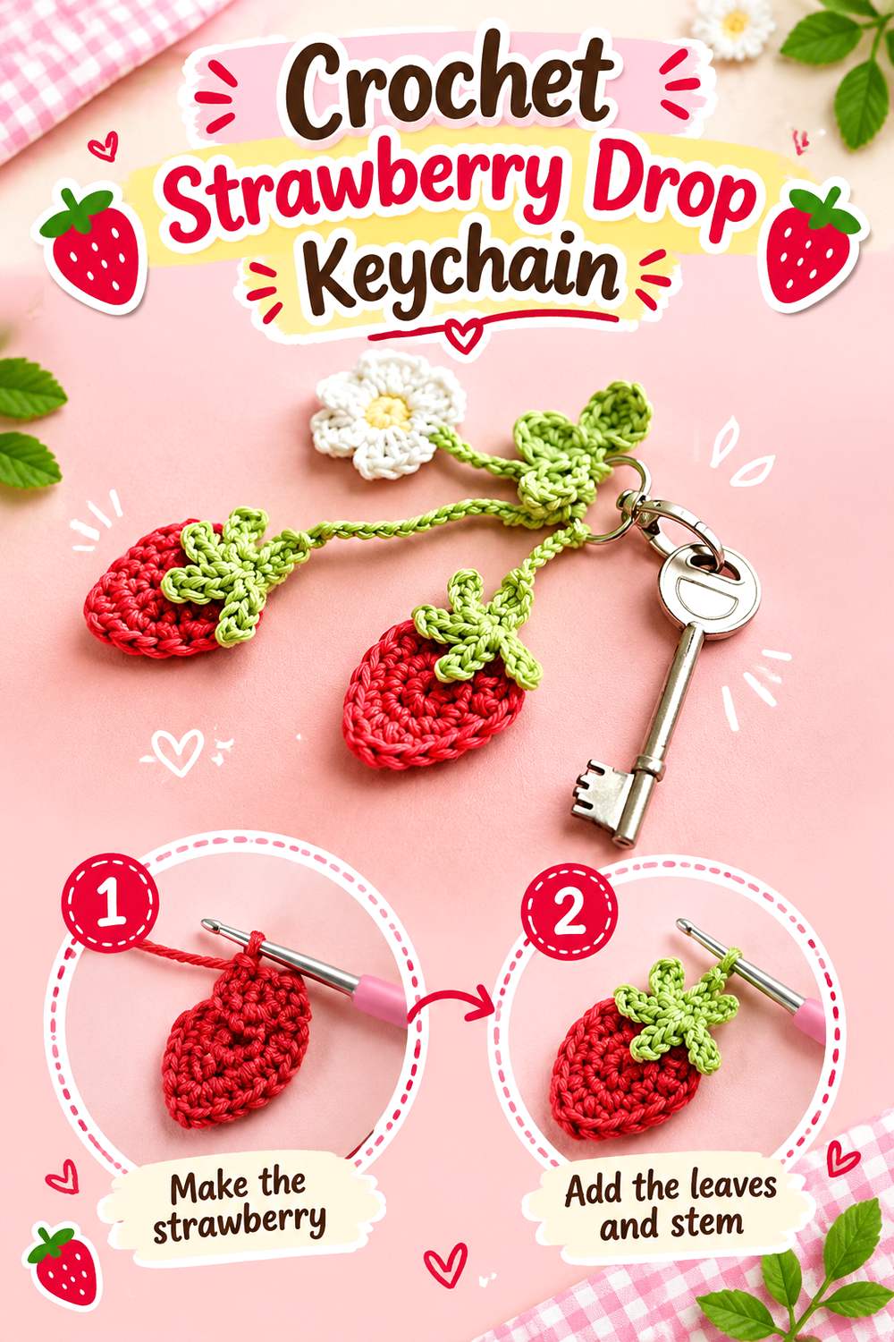 Crochet Strawberry Drop Keychain
