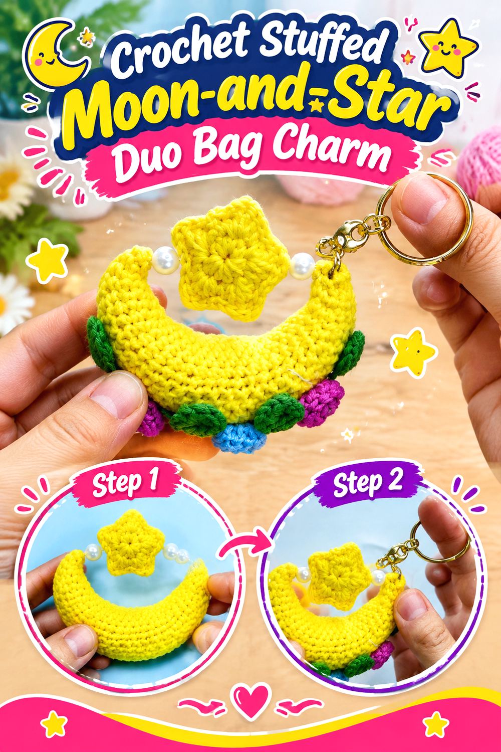 Crochet Stuffed Moon and Star Duo Bag Charm