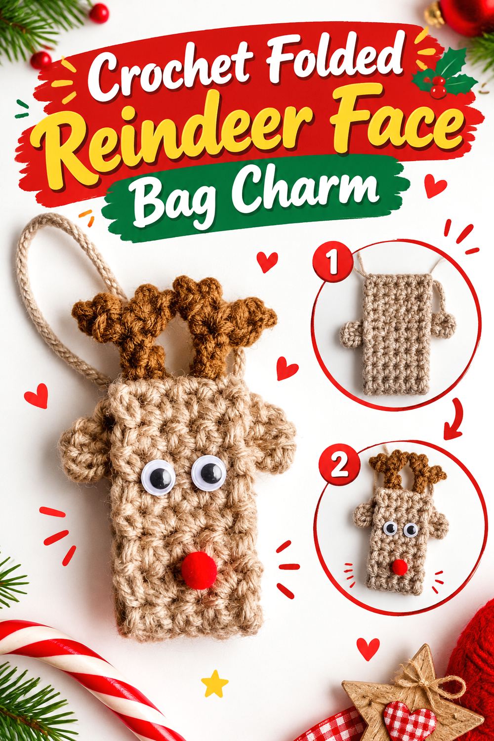 Crochet Stuffed Reindeer Head Bag Charm