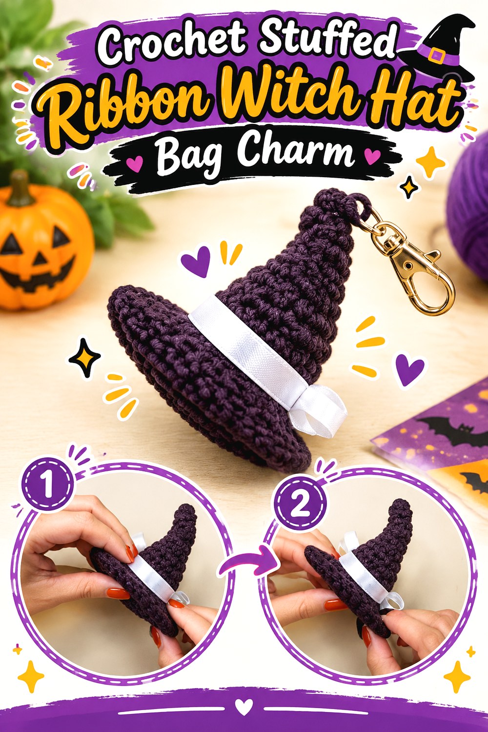 Crochet Stuffed Ribbon Witch Hat Bag Charm