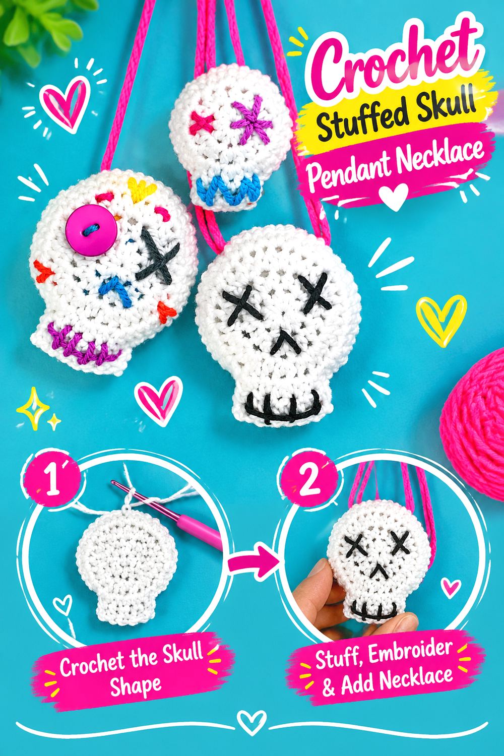 Crochet Stuffed Skull Pendant Necklace