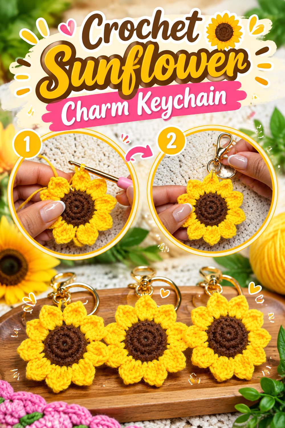 Crochet Sunflower Charm Keychain