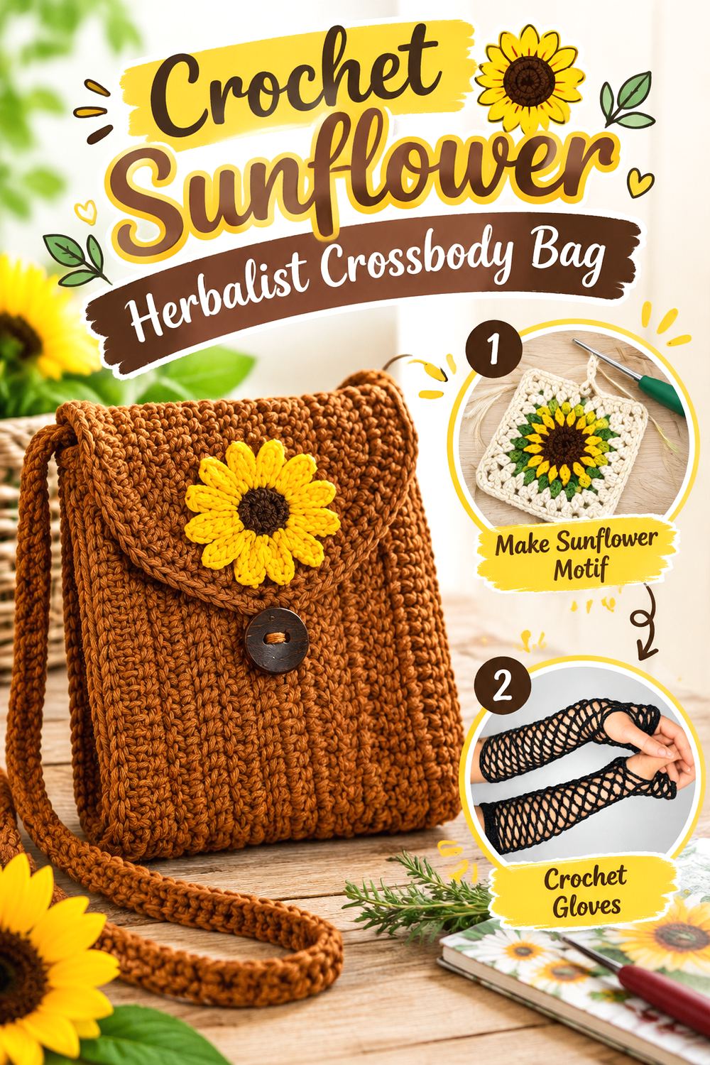 Crochet Sunflower Herbalist Crossbody Bag