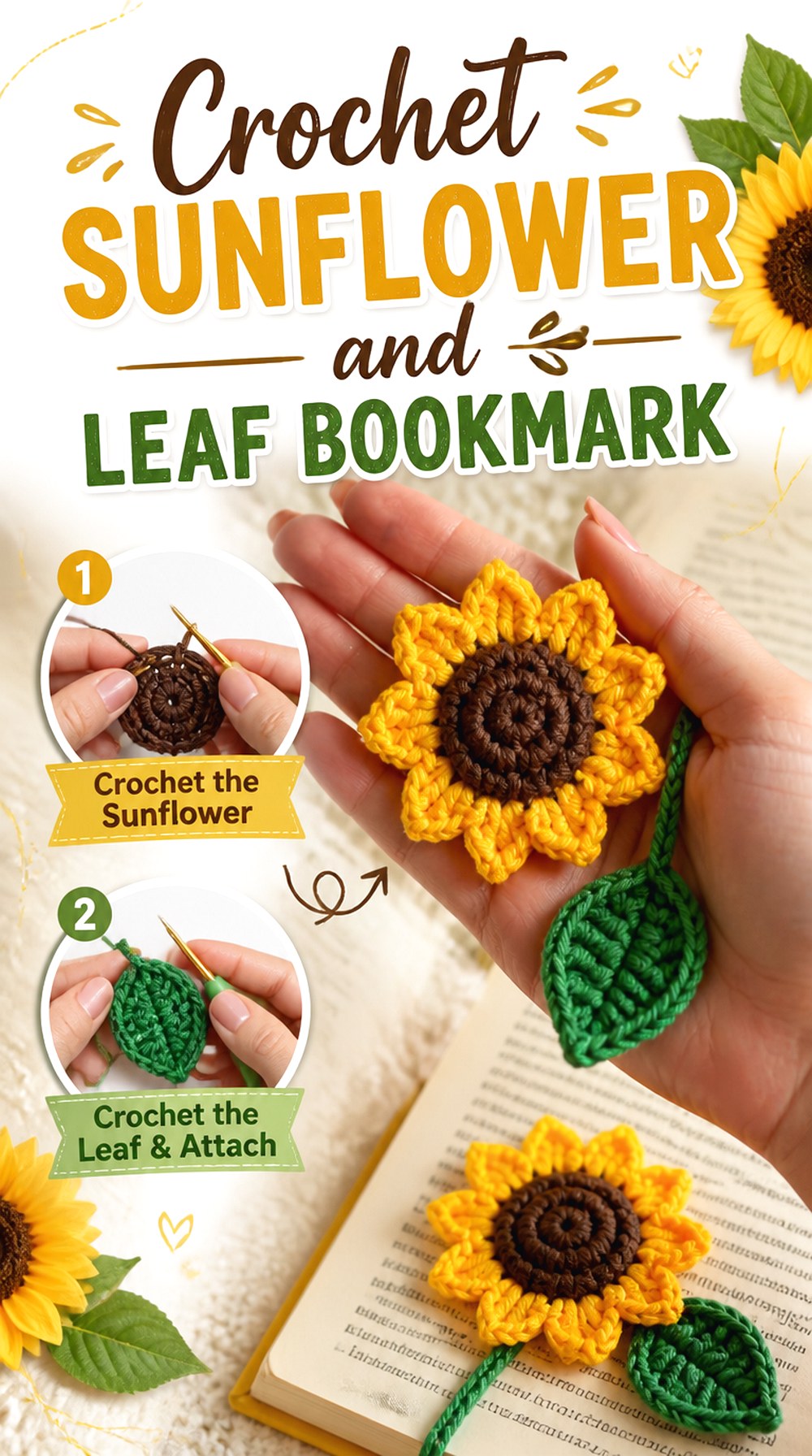 Crochet Sunflower and Leaf Bookmark