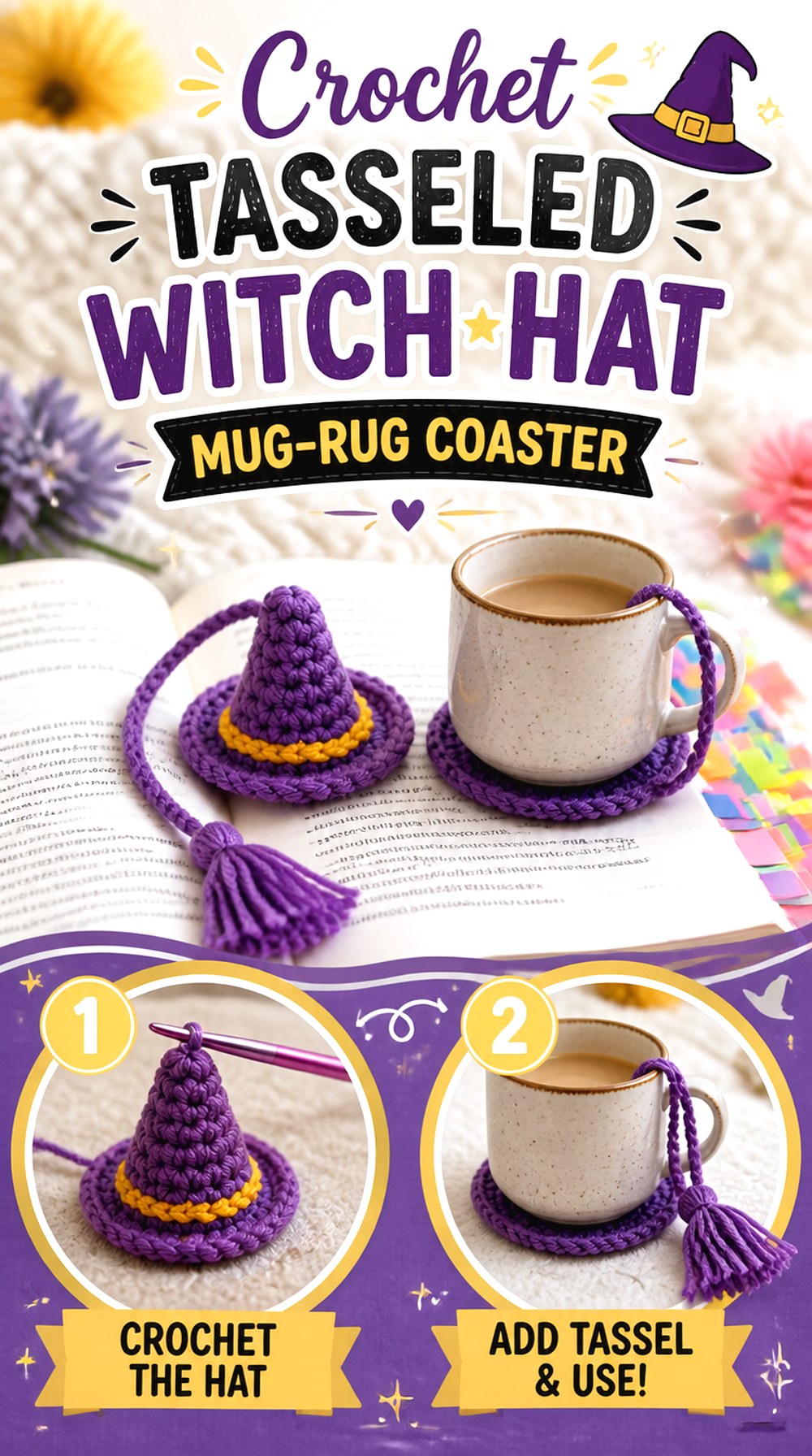 Crochet Tasseled Witch Hat Mug Rug Coaster