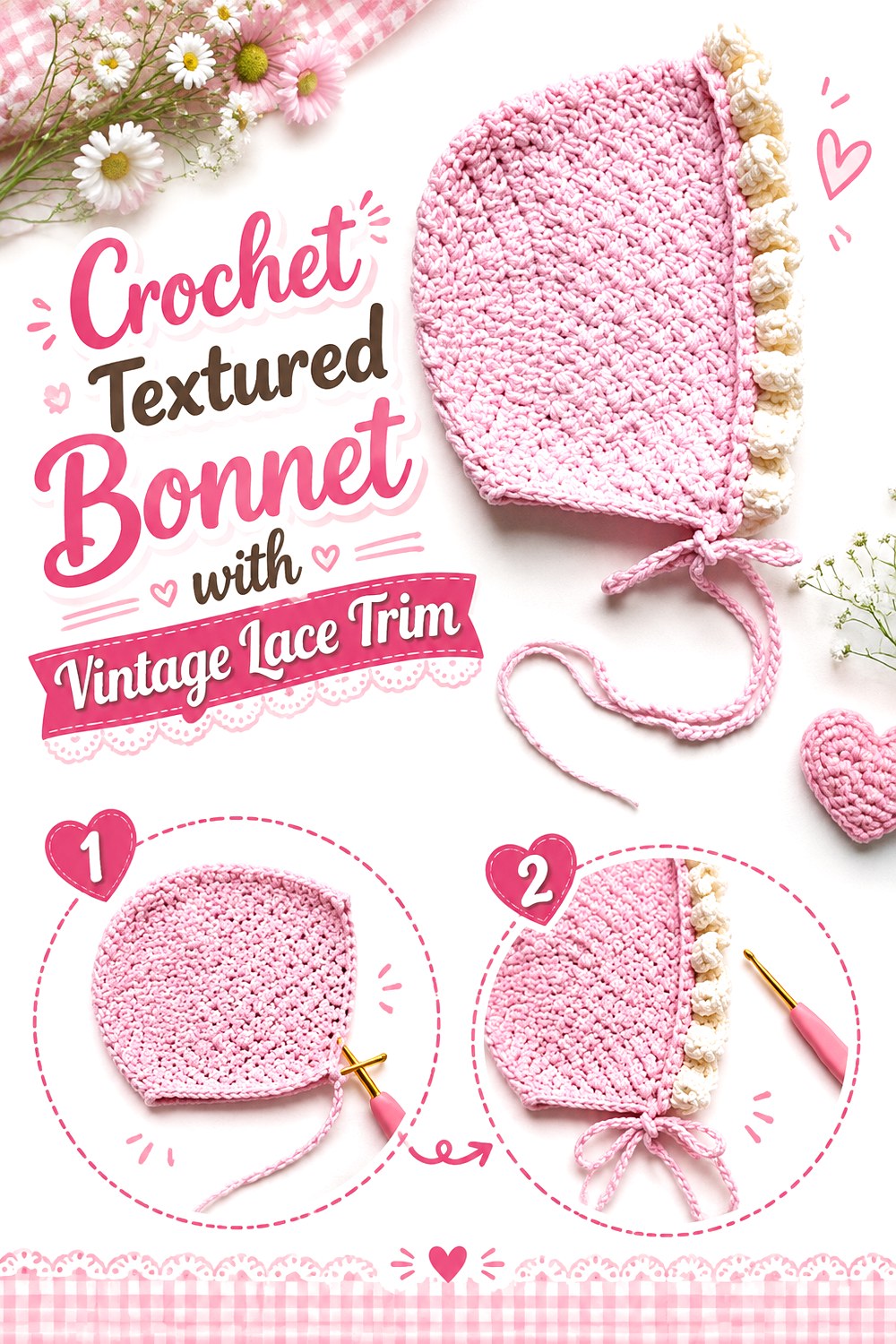 Crochet Textured Bonnet with Vintage Lace Trim