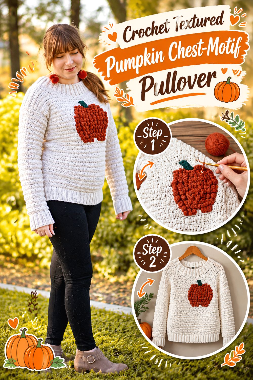Crochet Textured Pumpkin Chest Motif Pullover