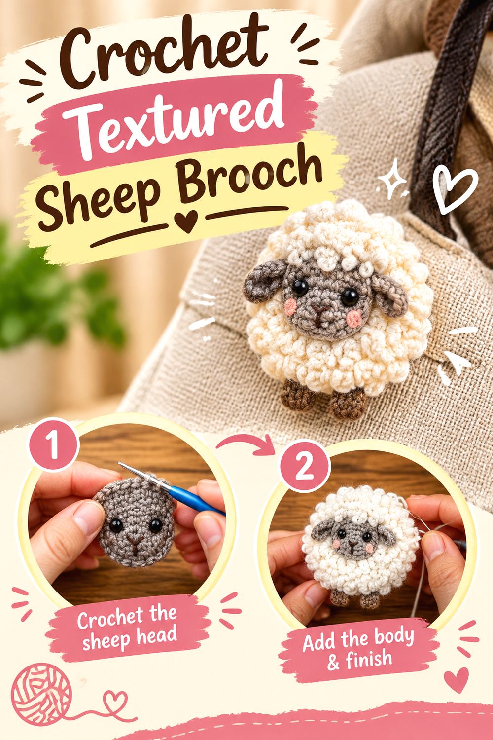 Crochet Textured Sheep Brooch