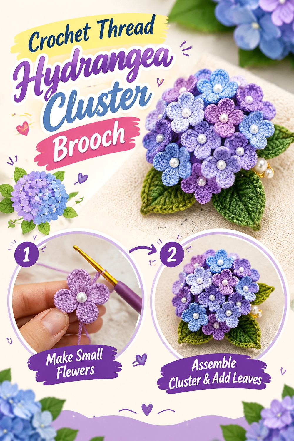 Crochet Thread Hydrangea Cluster Brooch