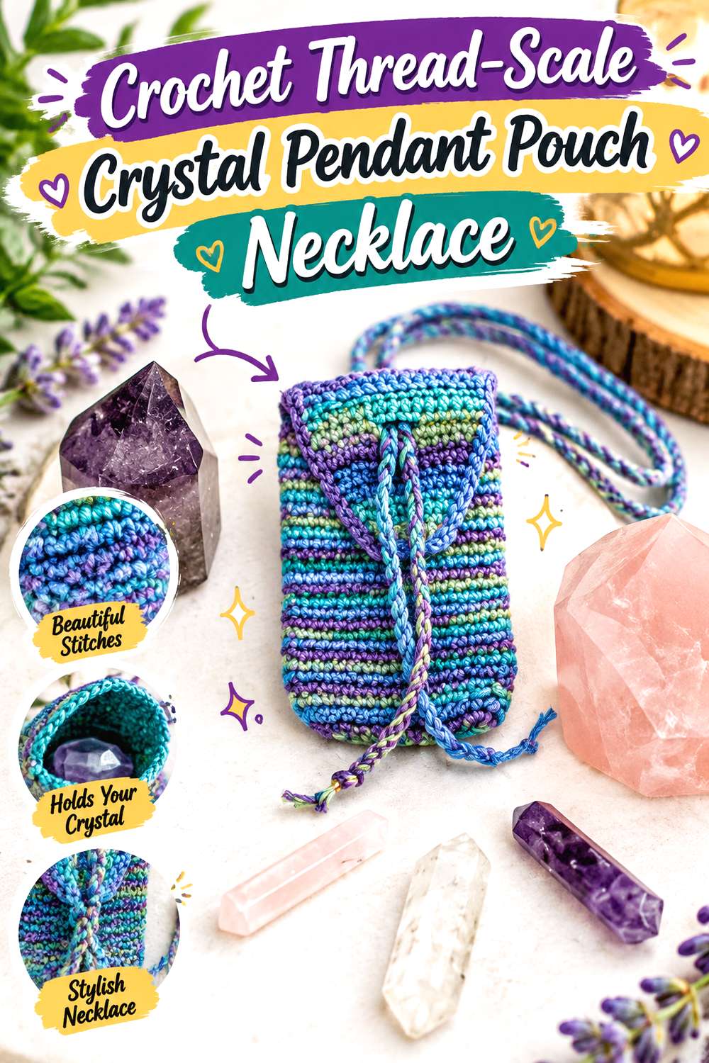 Crochet Thread Scale Crystal Pendant Pouch Necklace