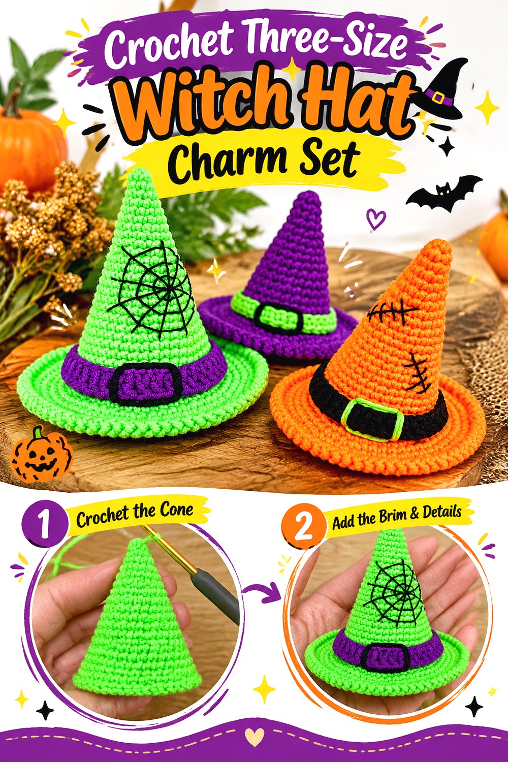 Crochet Three Size Witch Hat Charm Set