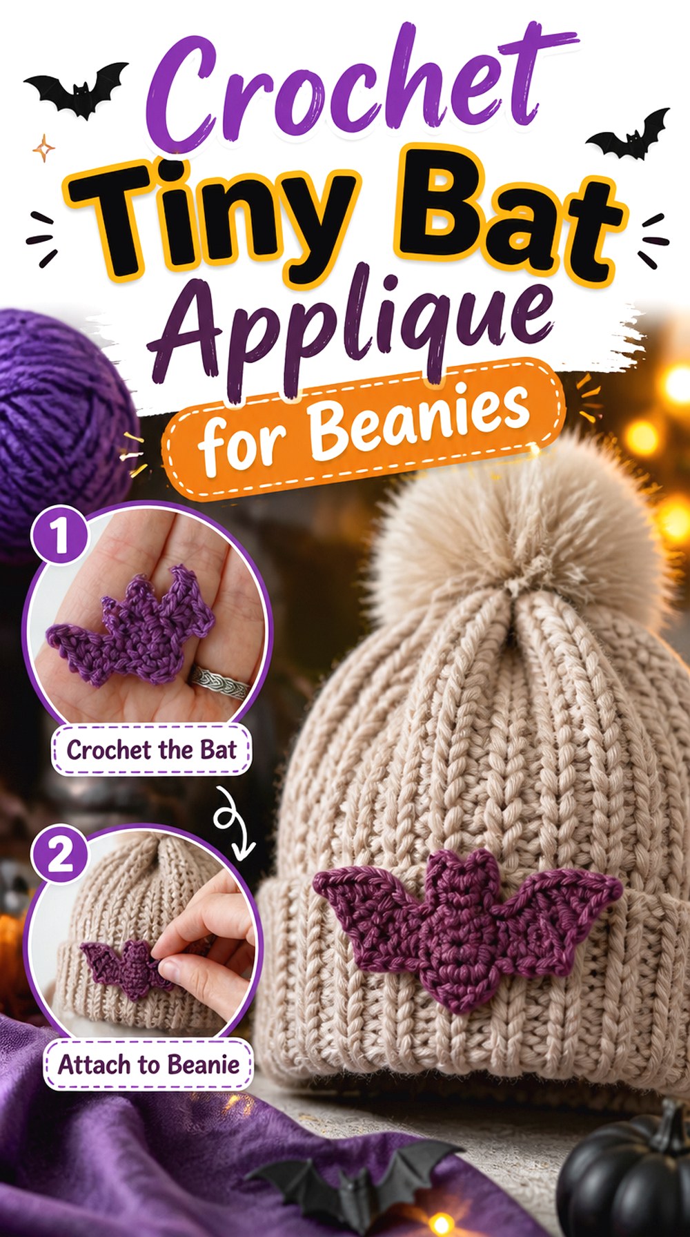 Crochet Tiny Bat Applique for Beanies
