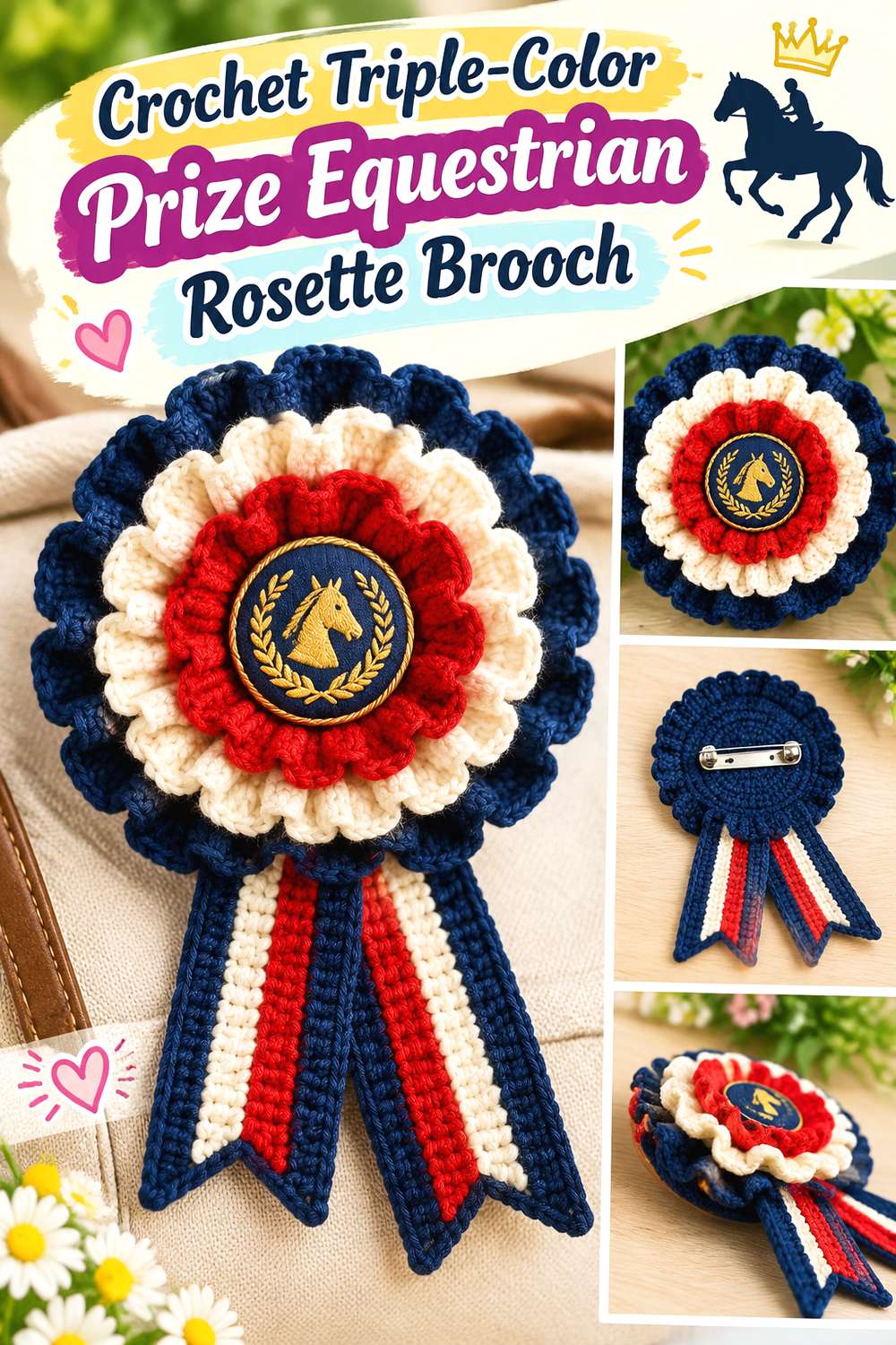Crochet Triple Color Prize Equestrian Rosette Brooch