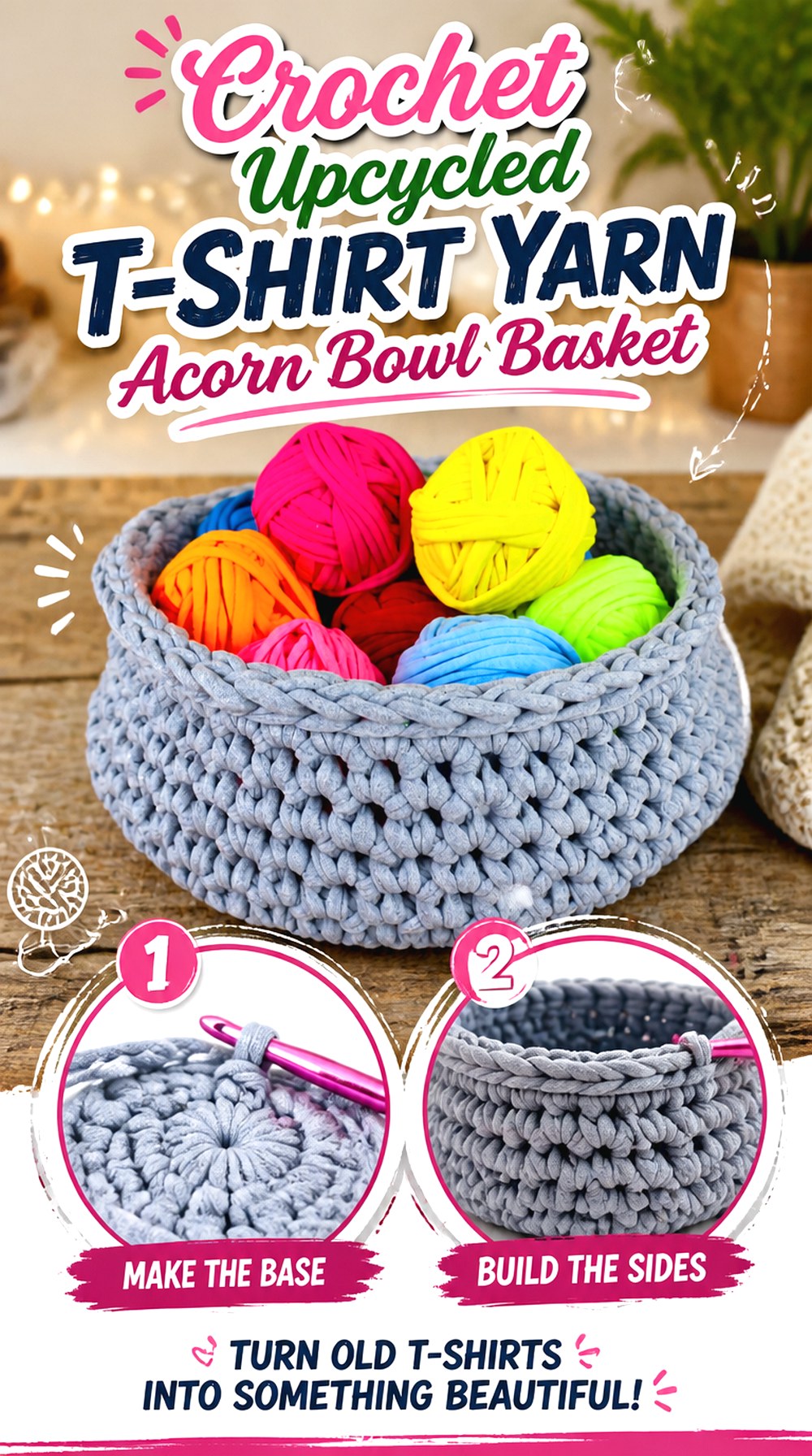 Crochet Upcycled T Shirt Yarn Acorn Bowl Basket