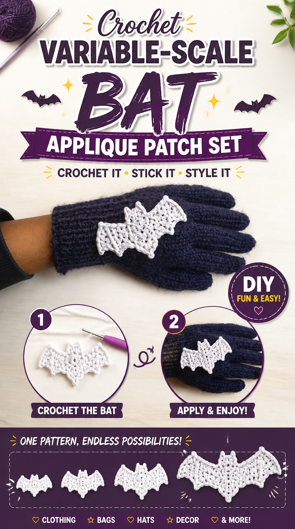 Crochet Variable Scale Bat Applique Patch Set