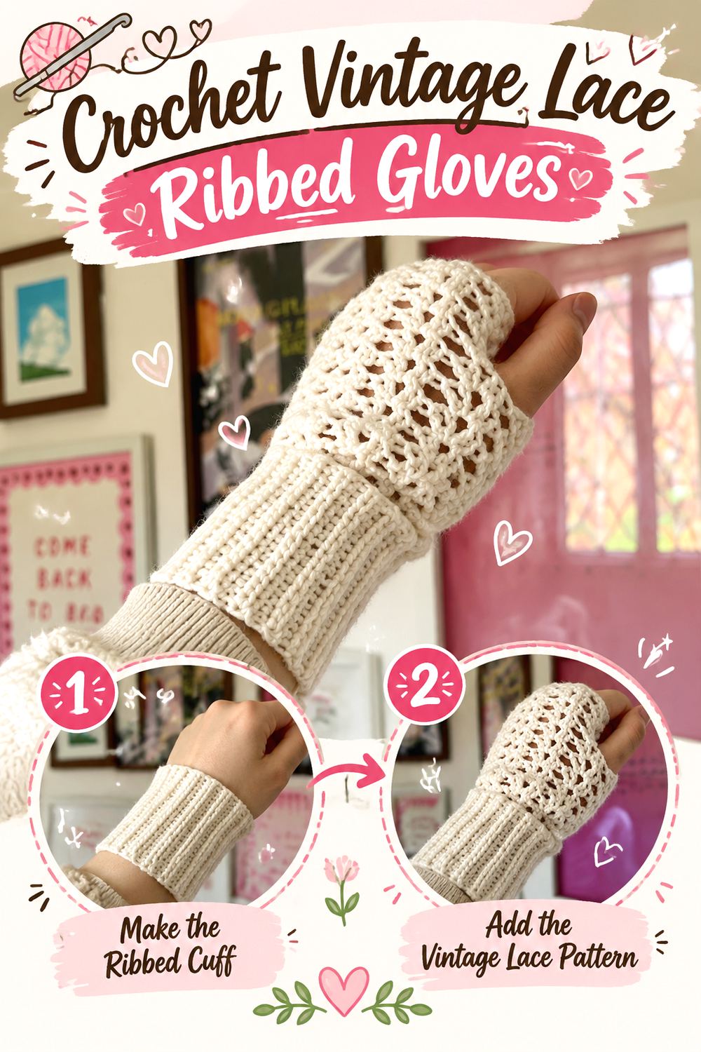 Crochet Vintage Lace Ribbed Gloves