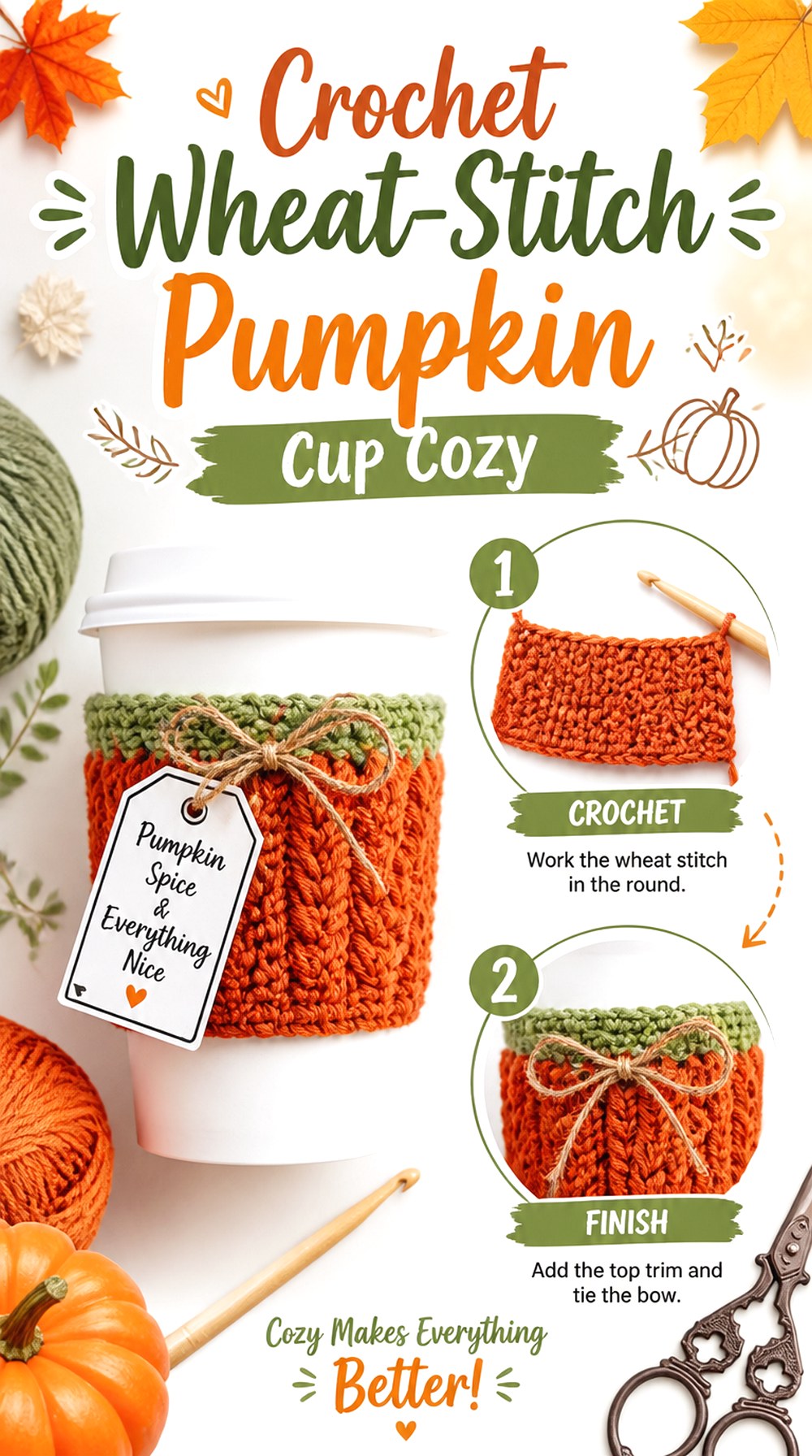 Crochet Wheat Stitch Pumpkin Cup Cozy