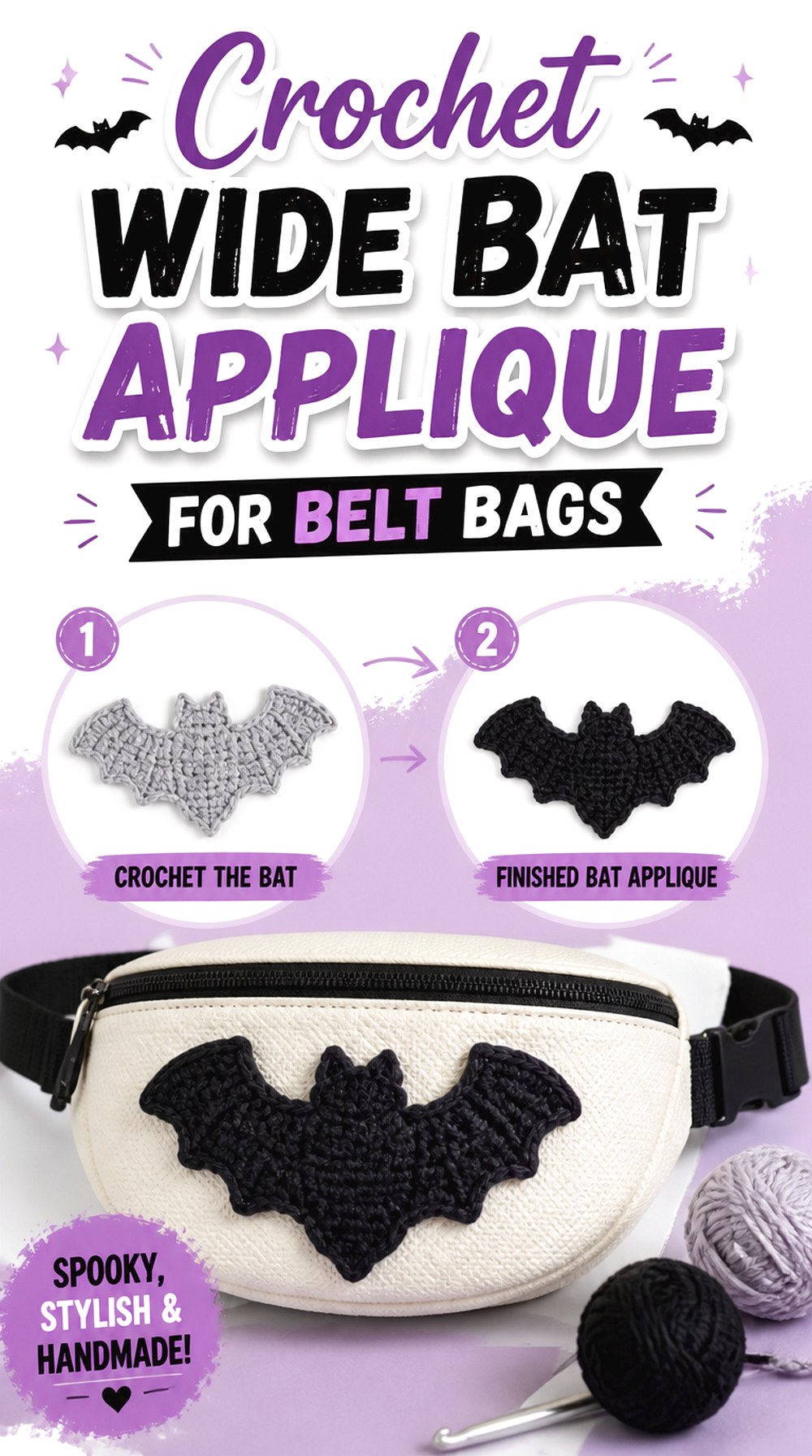 Crochet Wide Bat Applique for Belt Bags