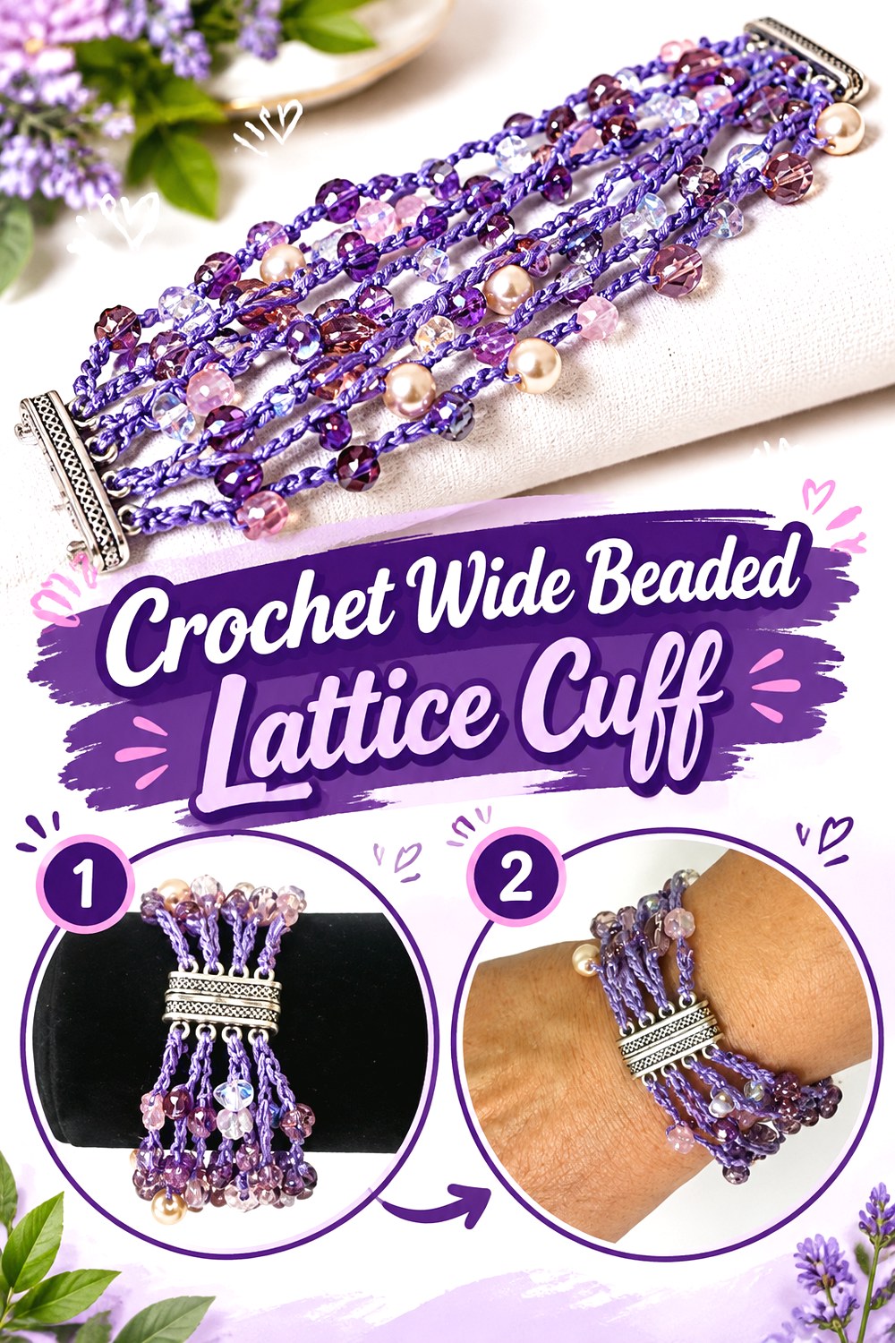 Crochet Wide Beaded Lattice Cuff
