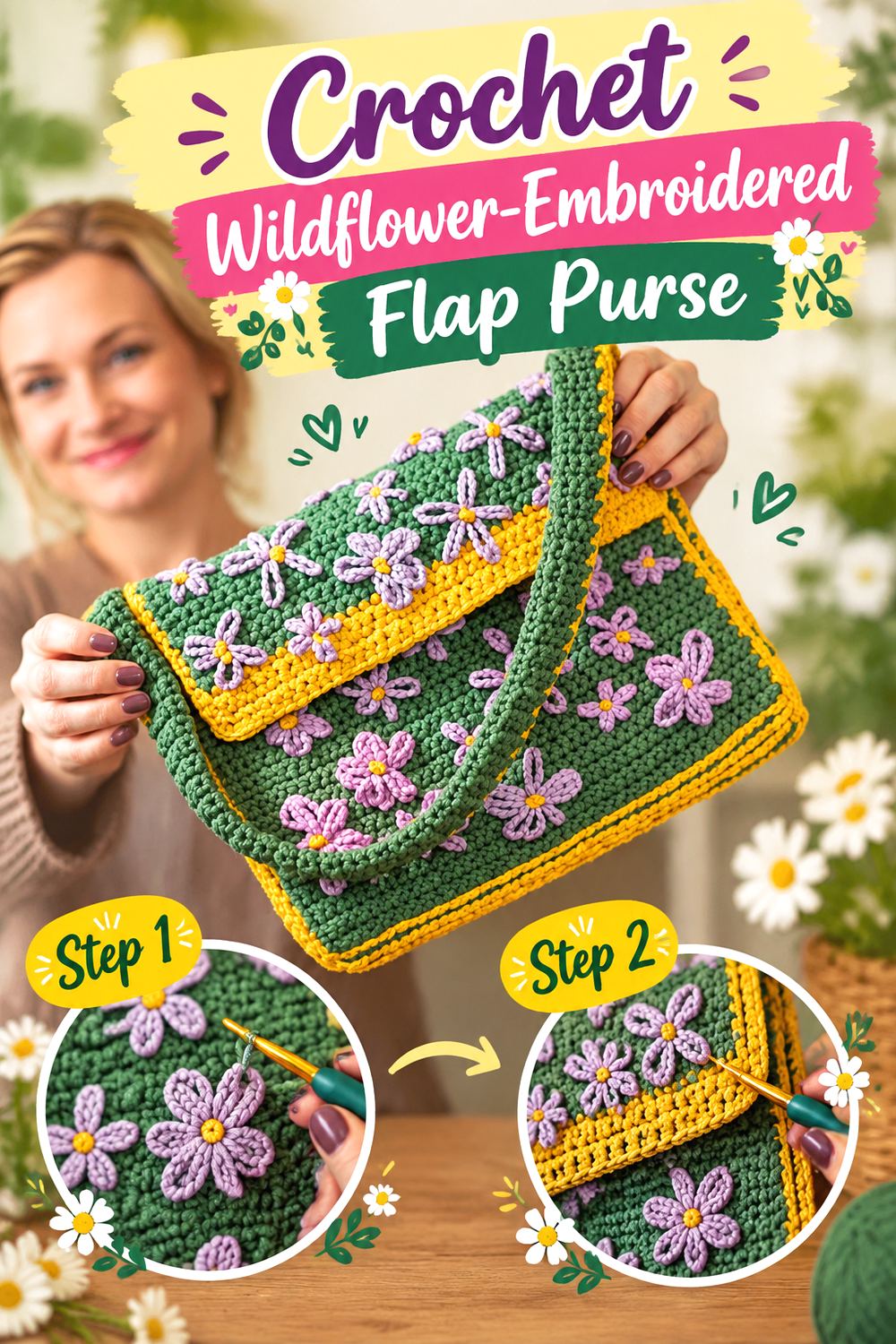Crochet Wildflower Embroidered Flap Purse