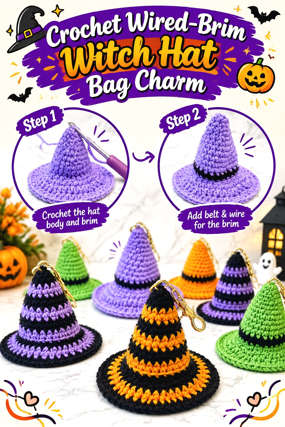 Crochet Wired Brim Witch Hat Bag Charm